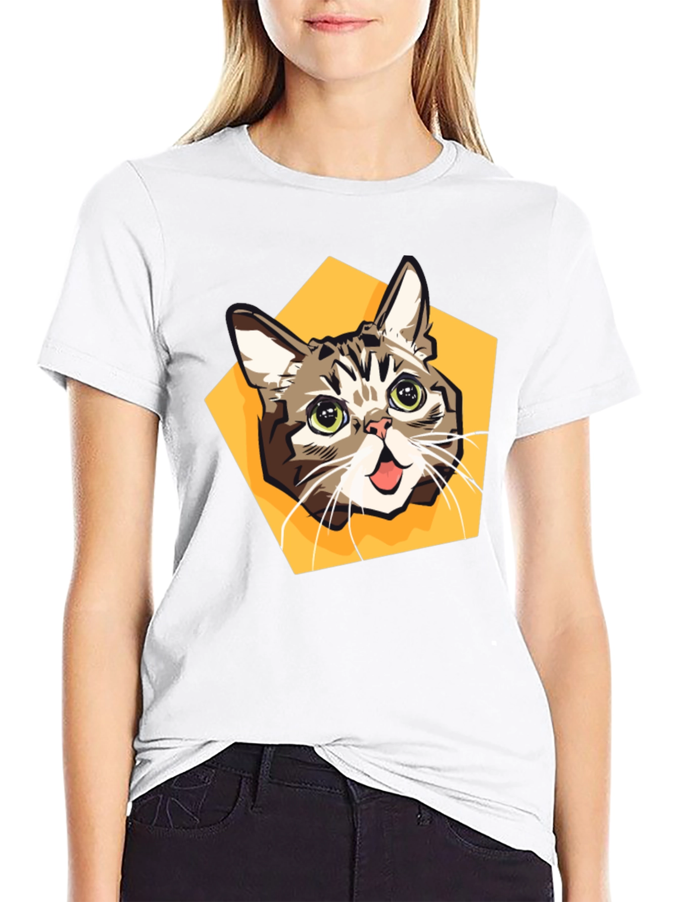 Cartoon Cat Graphic Tee - Black