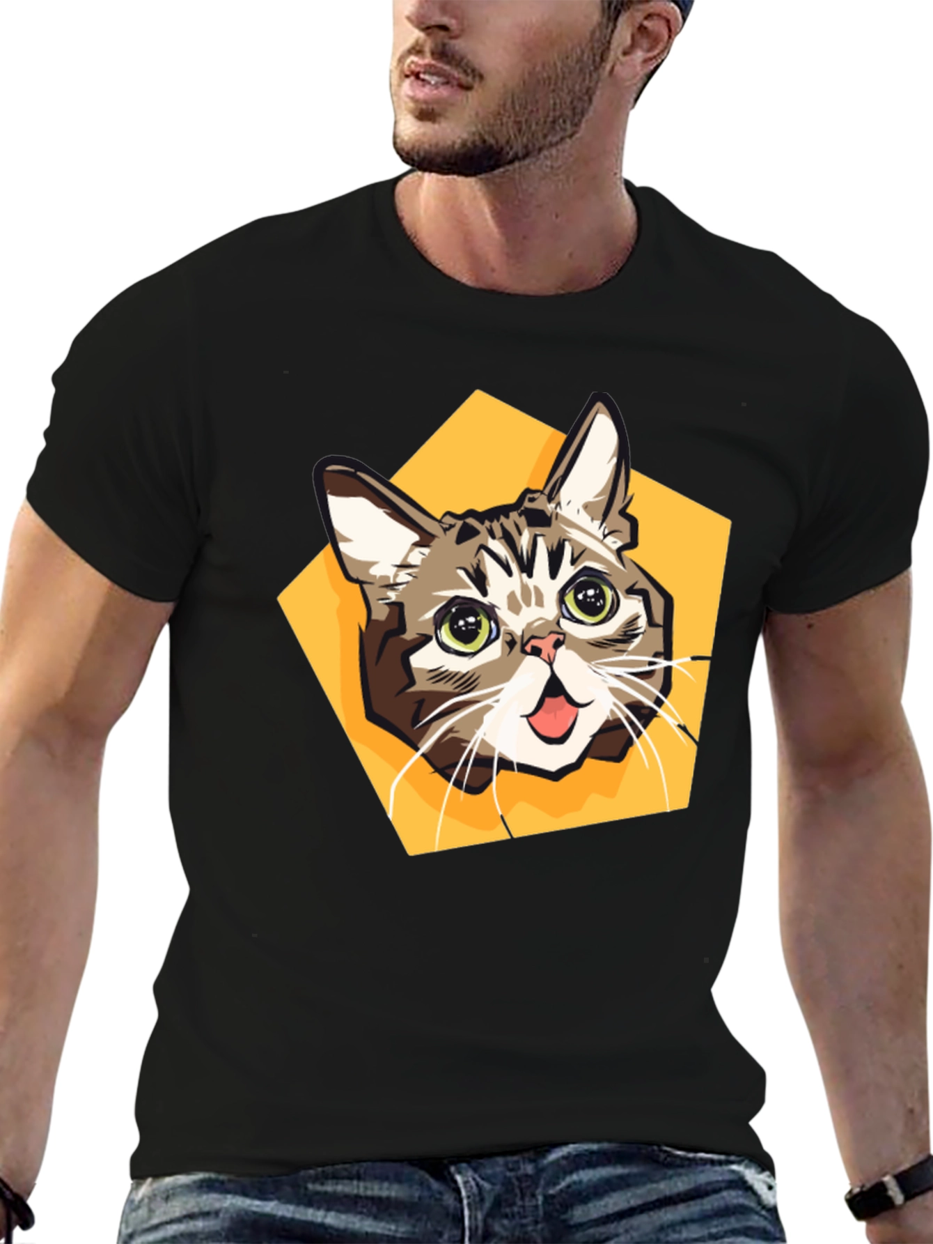 Cartoon Cat Graphic Tee - Black