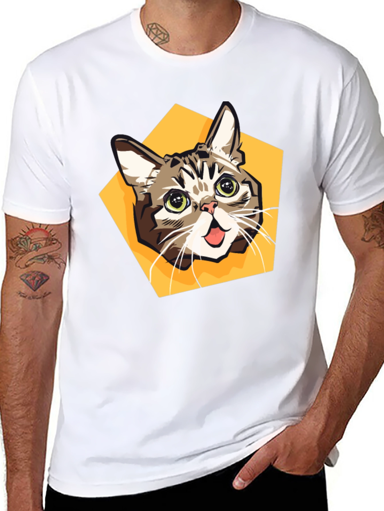 Cartoon Cat Graphic Tee - Black