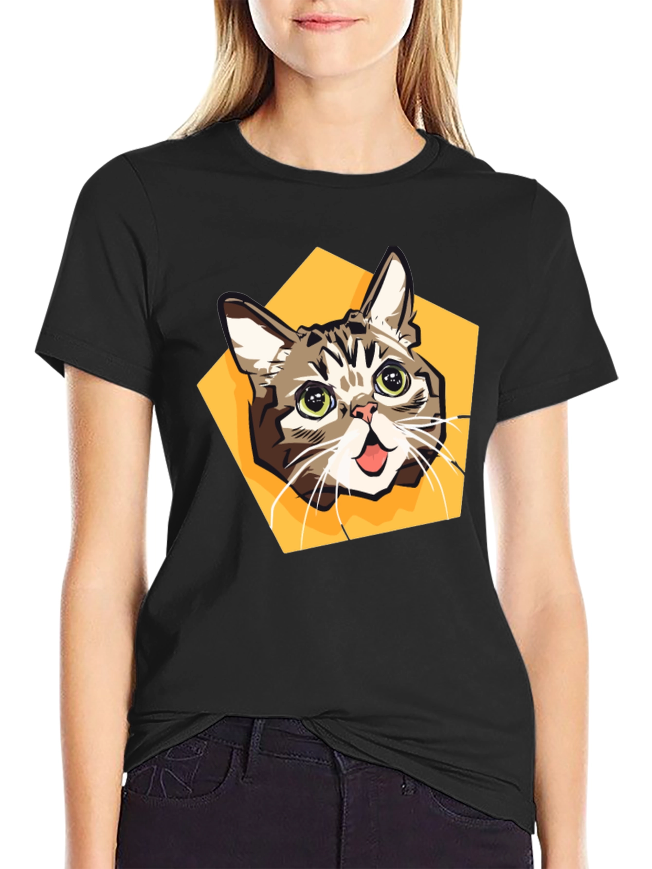 Cartoon Cat Graphic Tee - Black