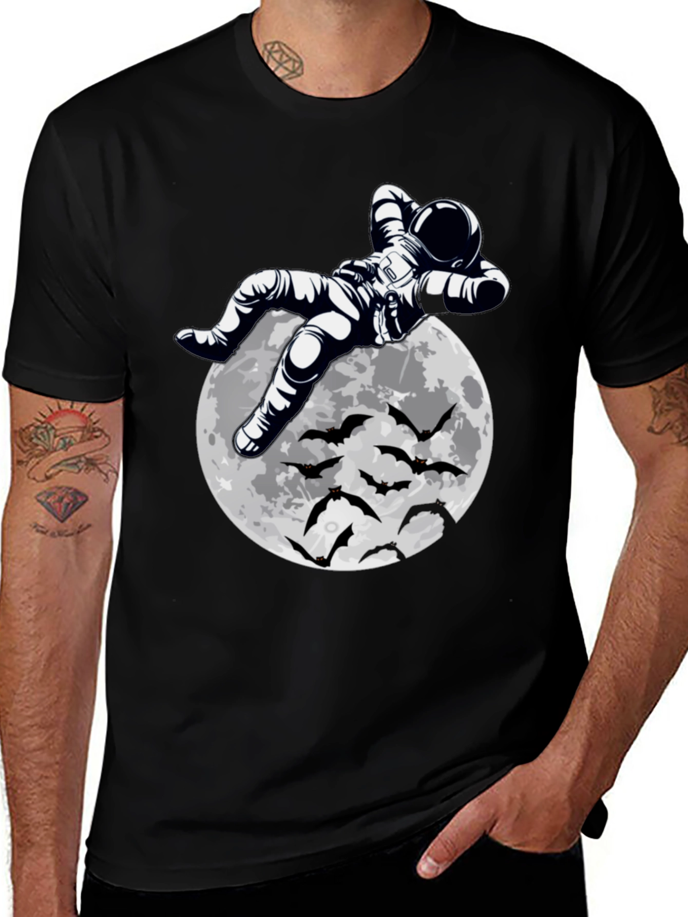 Astronaut Moon & Bats Graphic Print T-Shirt