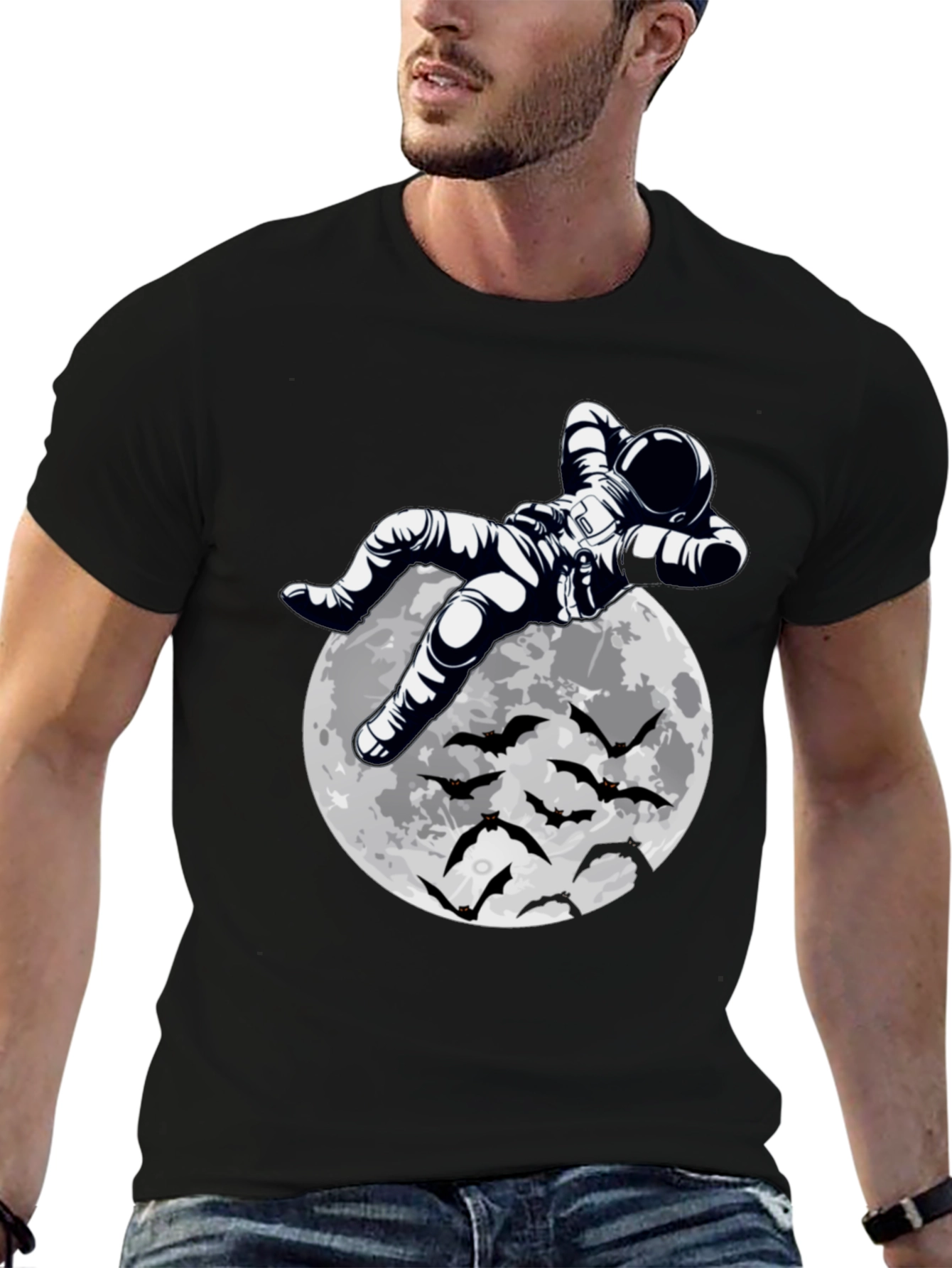 Astronaut Moon & Bats Graphic Print T-Shirt
