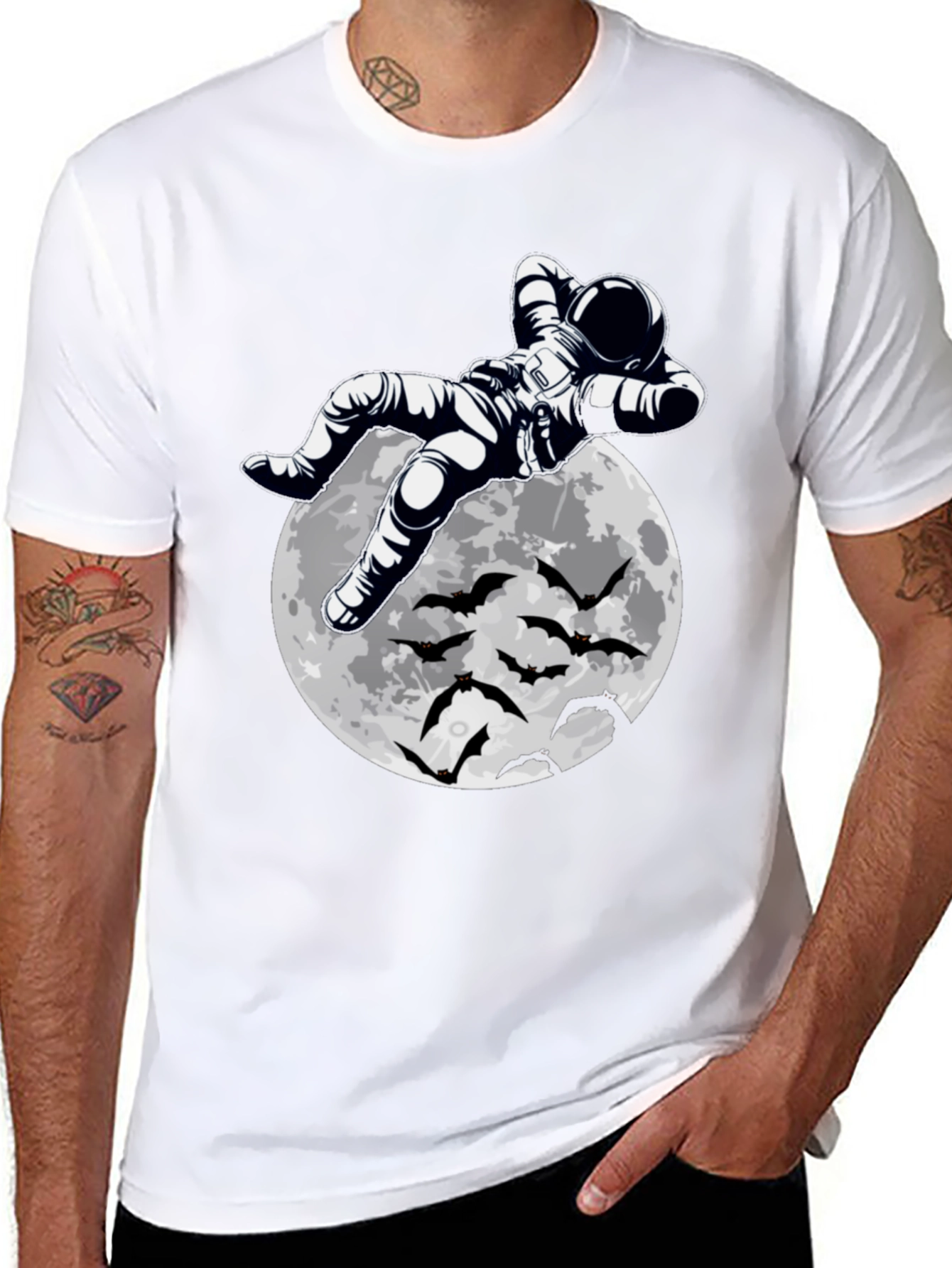 Astronaut Moon & Bats Graphic Print T-Shirt