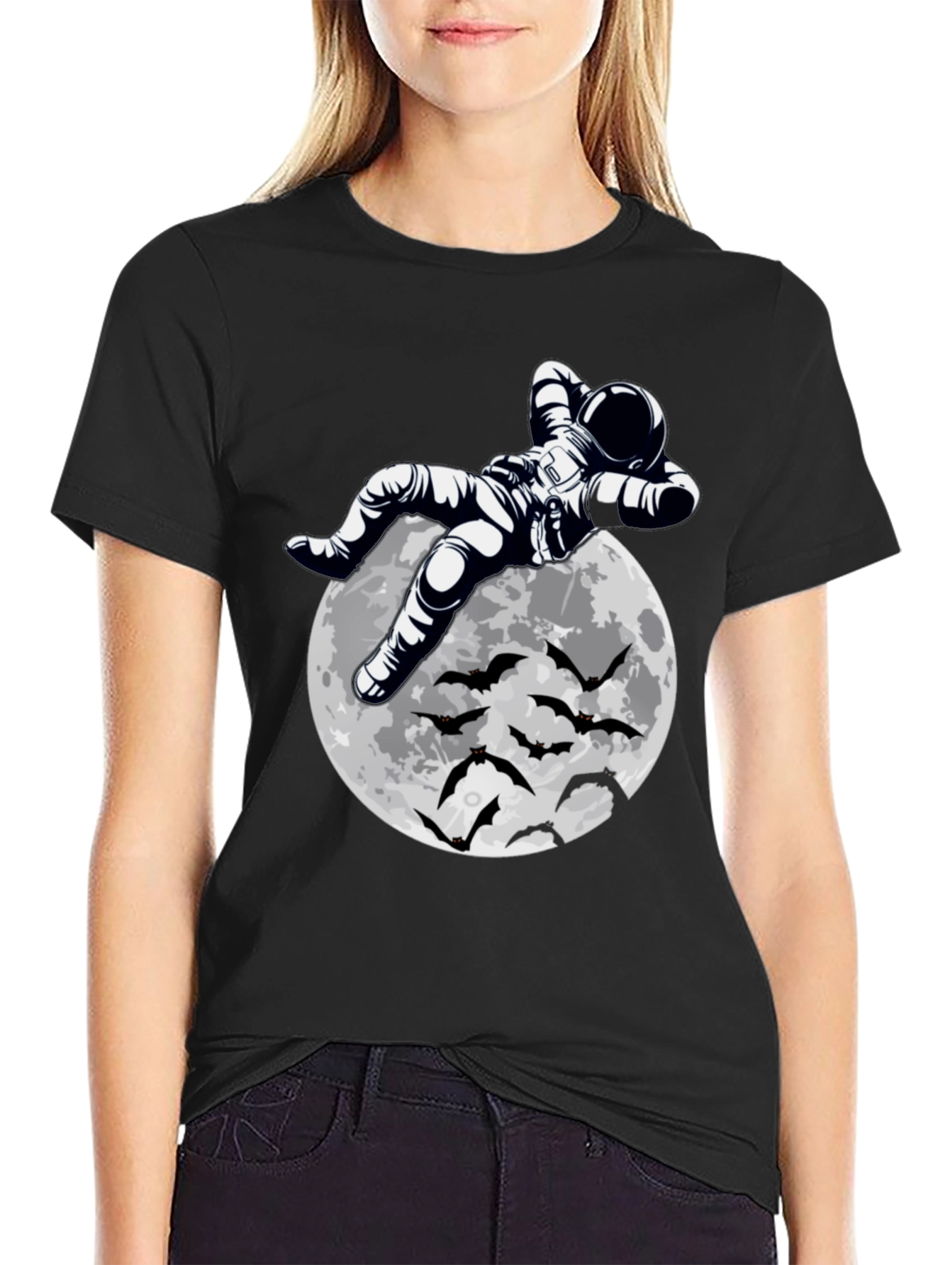 Astronaut Moon & Bats Graphic Print T-Shirt