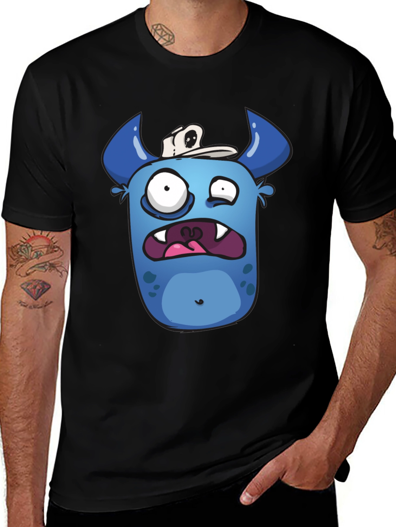 Funny Blue Monster Graphic T-Shirt - Black Cotton