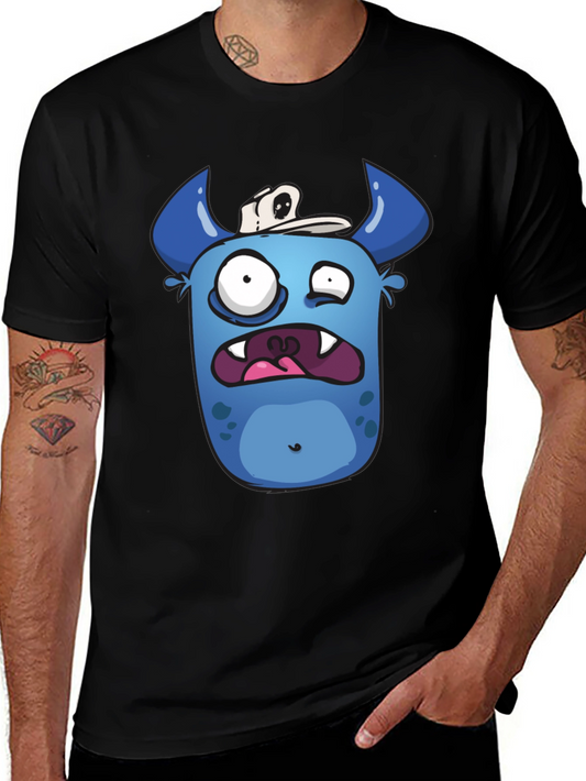 Funny Blue Monster Graphic T-Shirt - Black Cotton