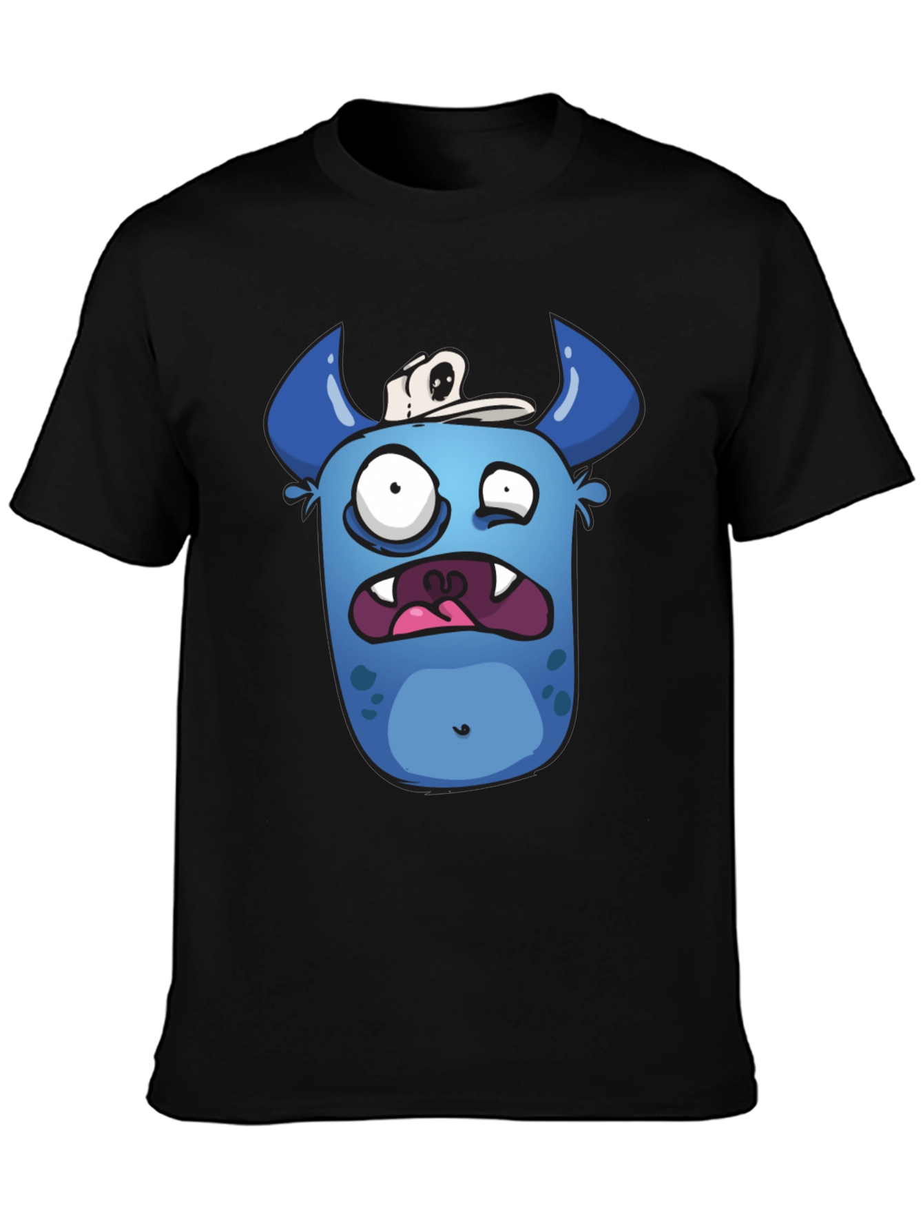 Funny Blue Monster Graphic T-Shirt - Black Cotton