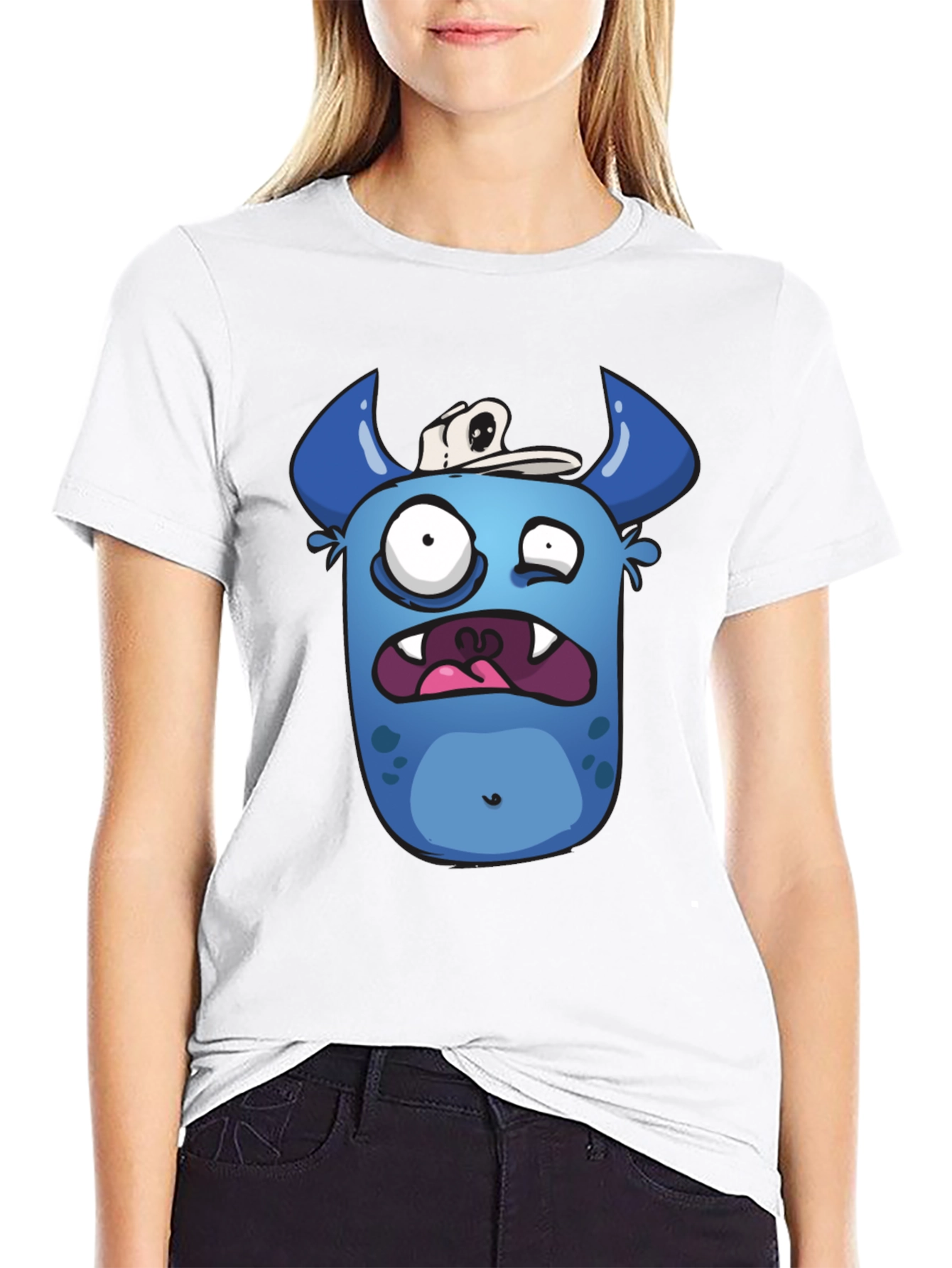 Funny Blue Monster Graphic T-Shirt - Black Cotton