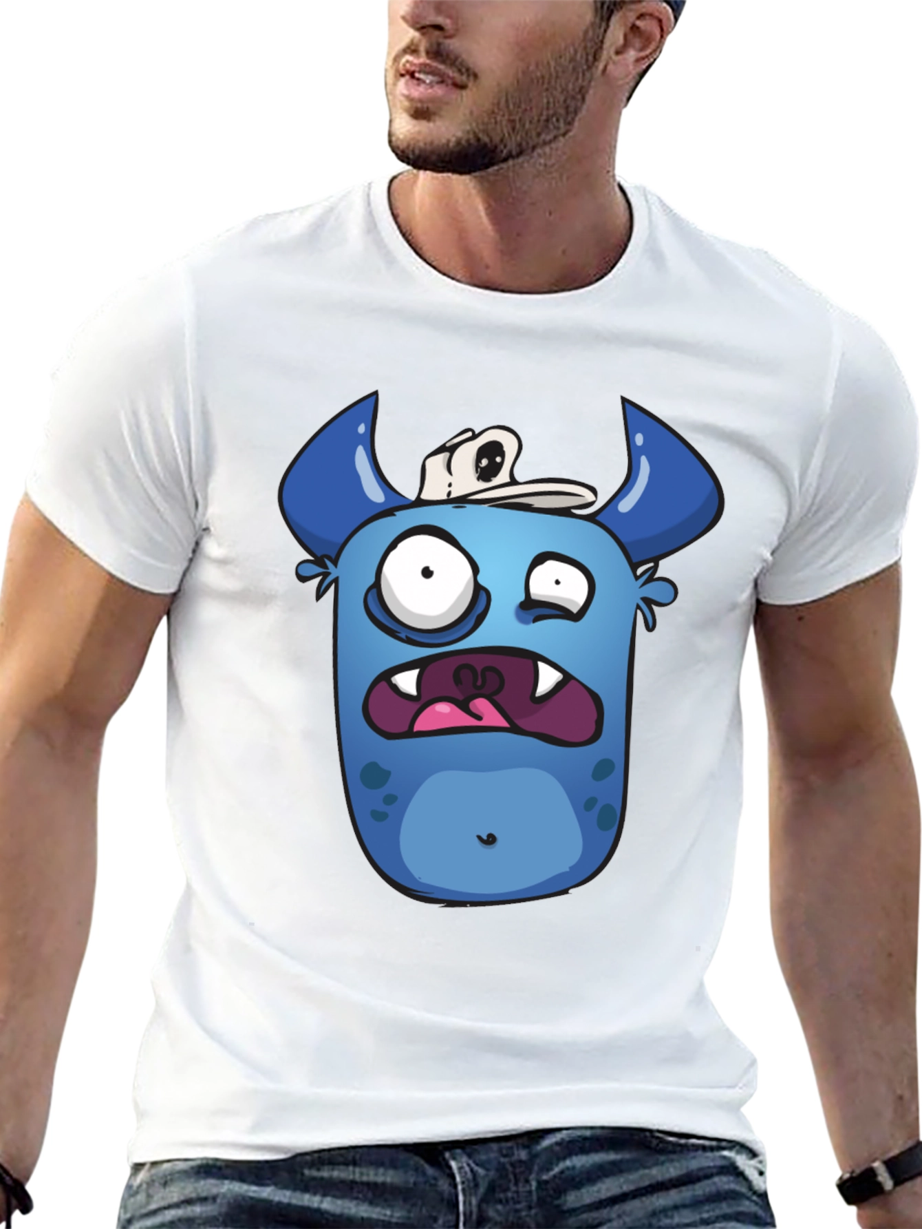Funny Blue Monster Graphic T-Shirt - Black Cotton