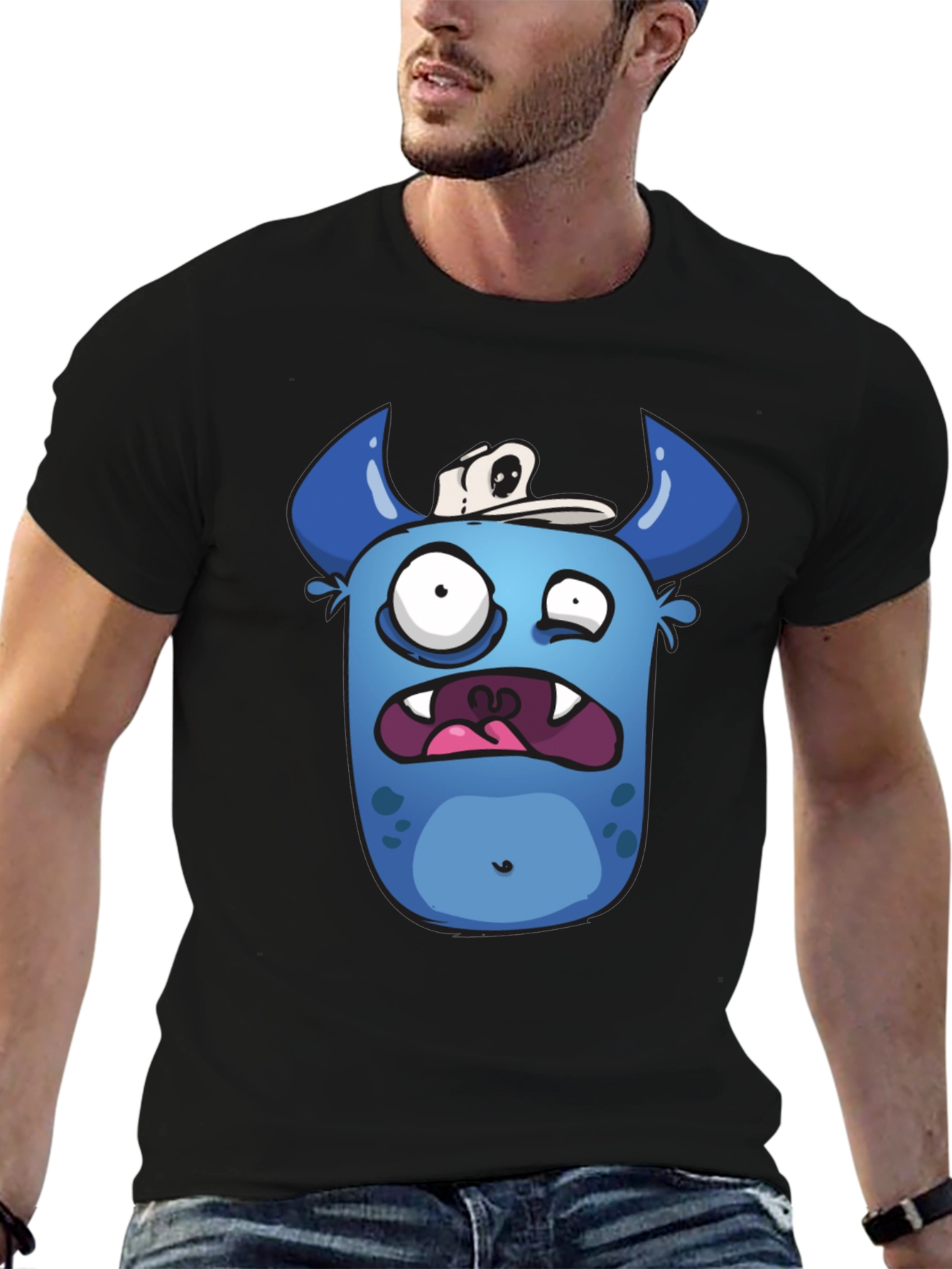 Funny Blue Monster Graphic T-Shirt - Black Cotton