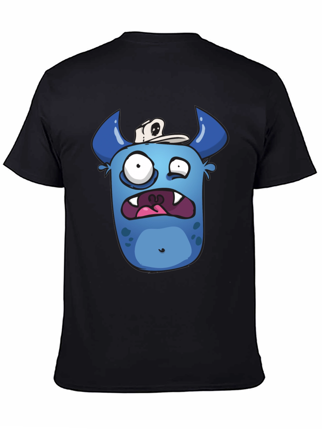 Funny Blue Monster Graphic T-Shirt - Black Cotton
