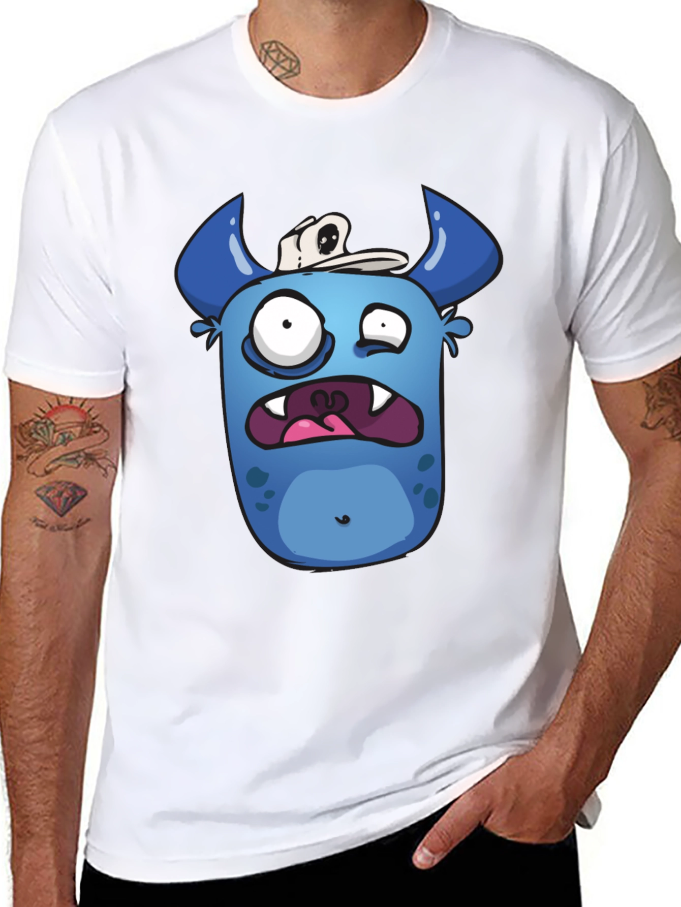 Funny Blue Monster Graphic T-Shirt - Black Cotton