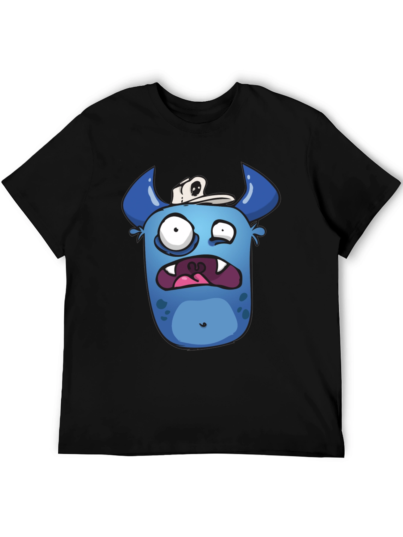 Funny Blue Monster Graphic T-Shirt - Black Cotton