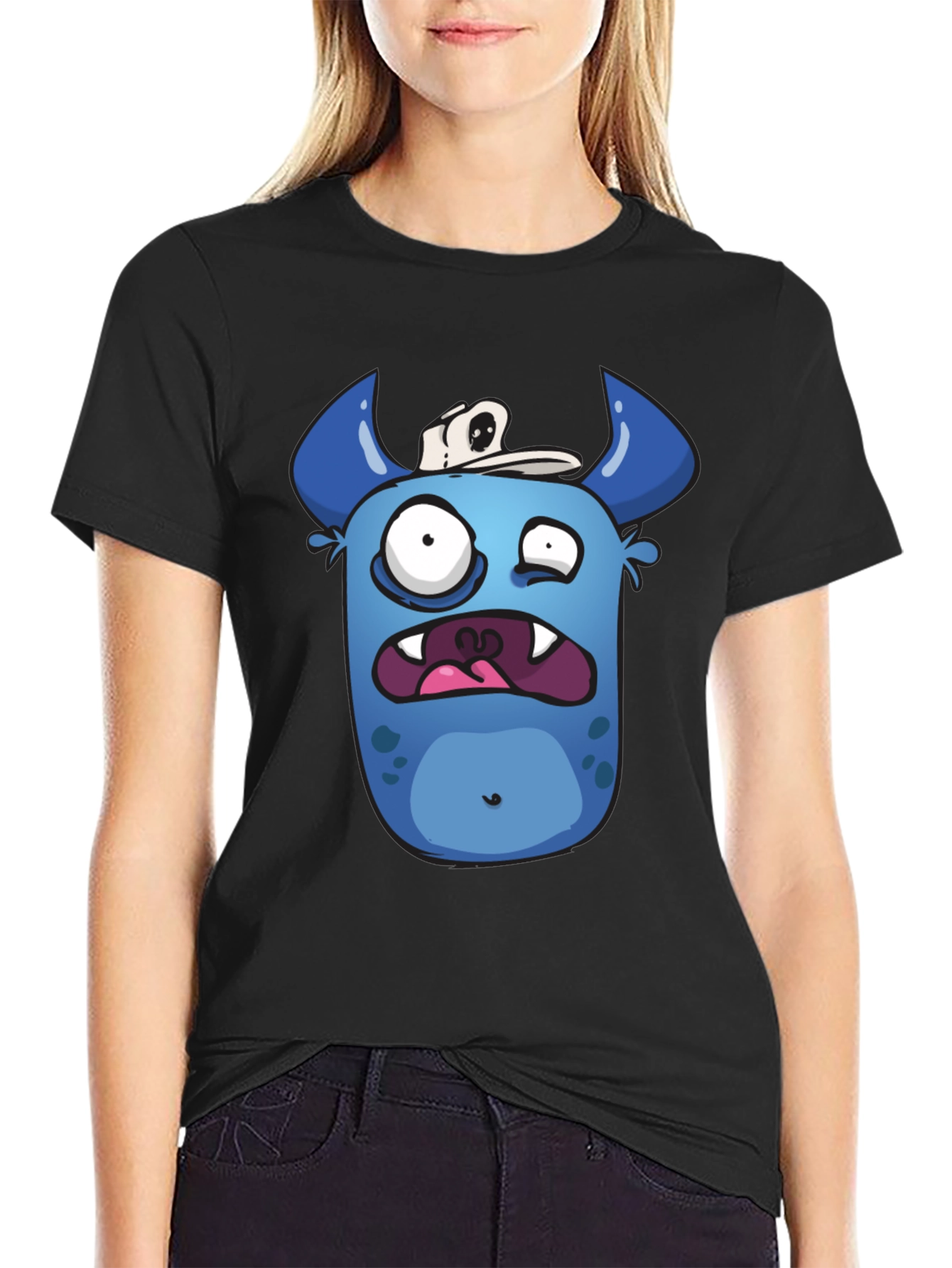 Funny Blue Monster Graphic T-Shirt - Black Cotton