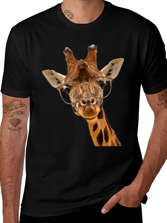 Giraffe with Glasses Black T-Shirt - Novelty Animal Tee