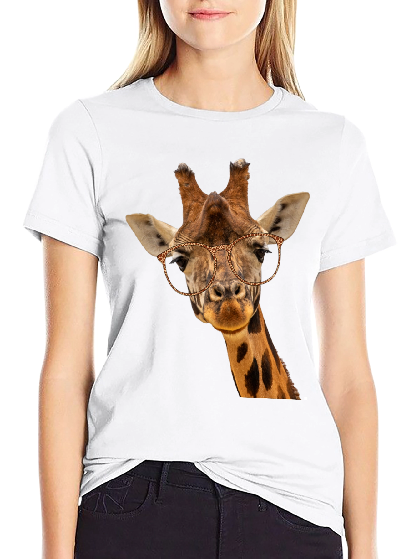 Giraffe with Glasses Black T-Shirt - Novelty Animal Tee