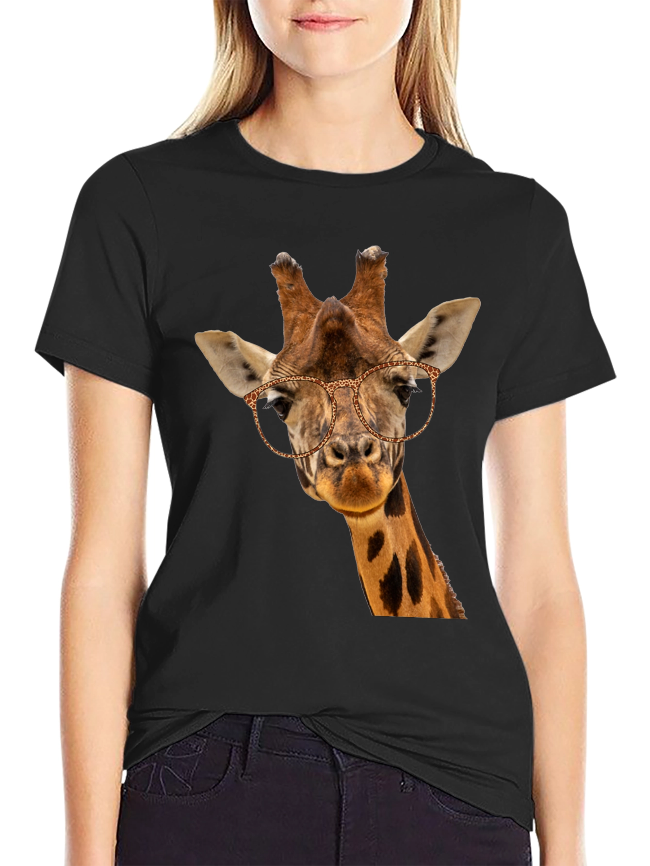 Giraffe with Glasses Black T-Shirt - Novelty Animal Tee