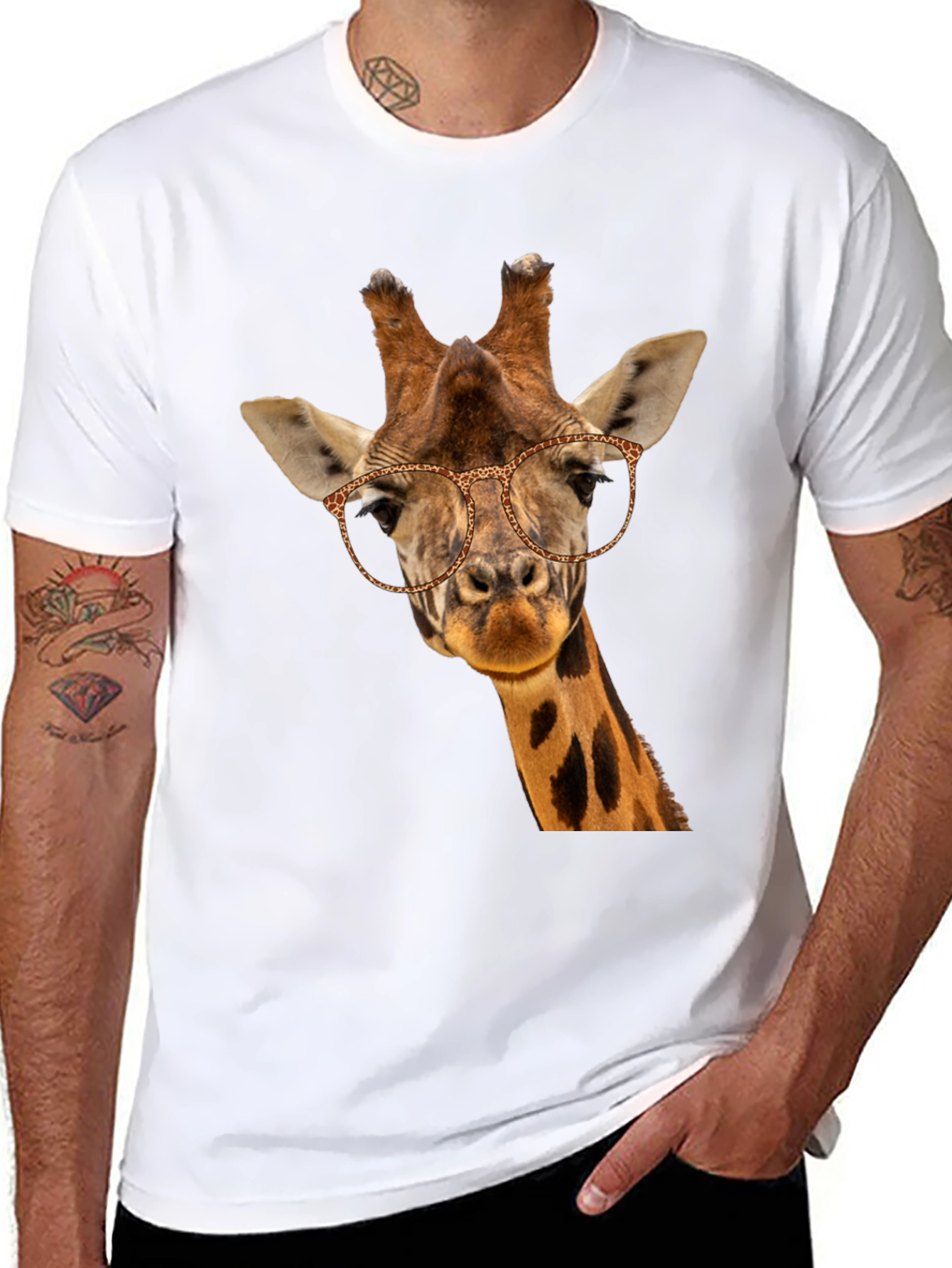 Giraffe with Glasses Black T-Shirt - Novelty Animal Tee