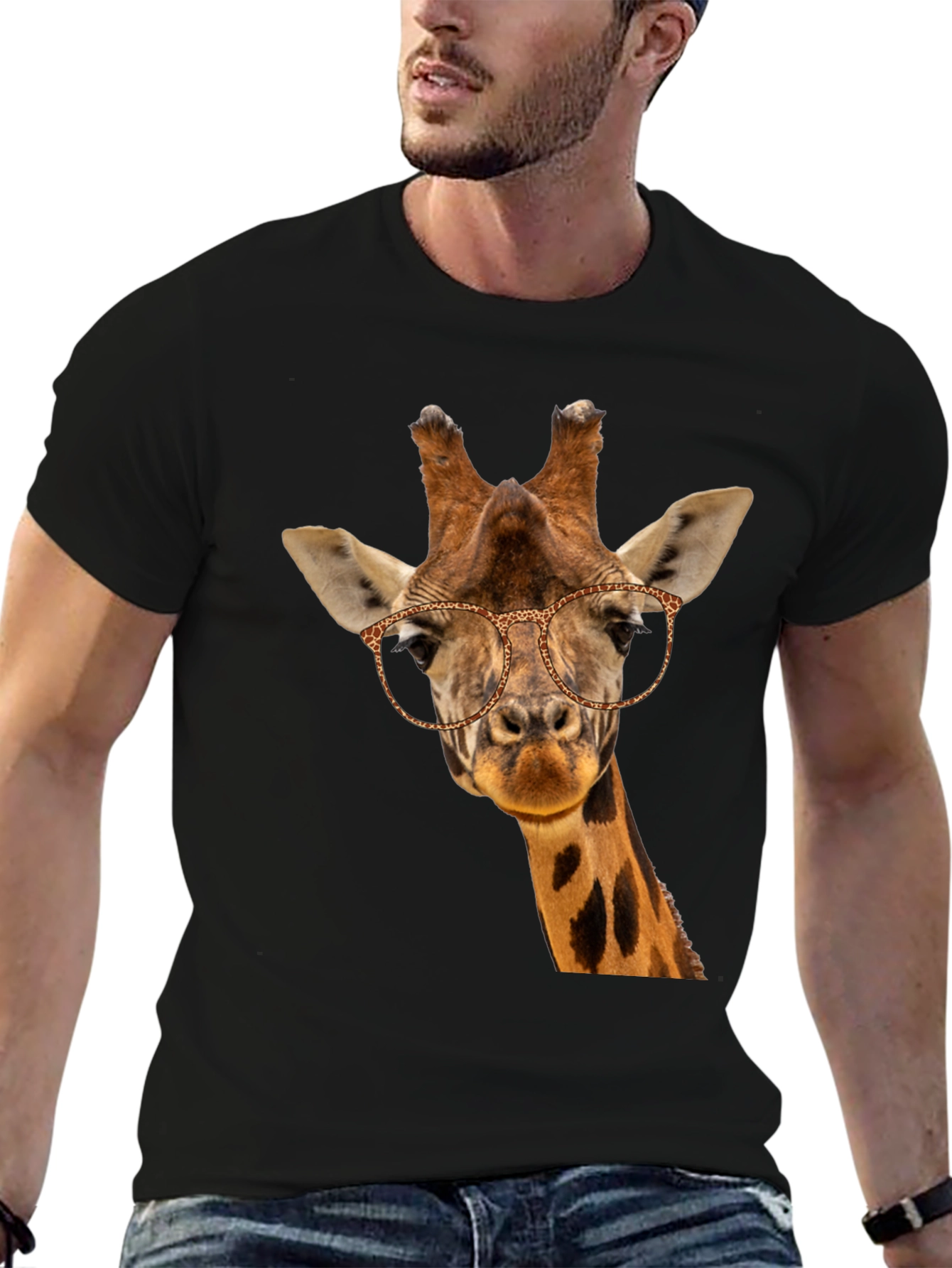 Giraffe with Glasses Black T-Shirt - Novelty Animal Tee