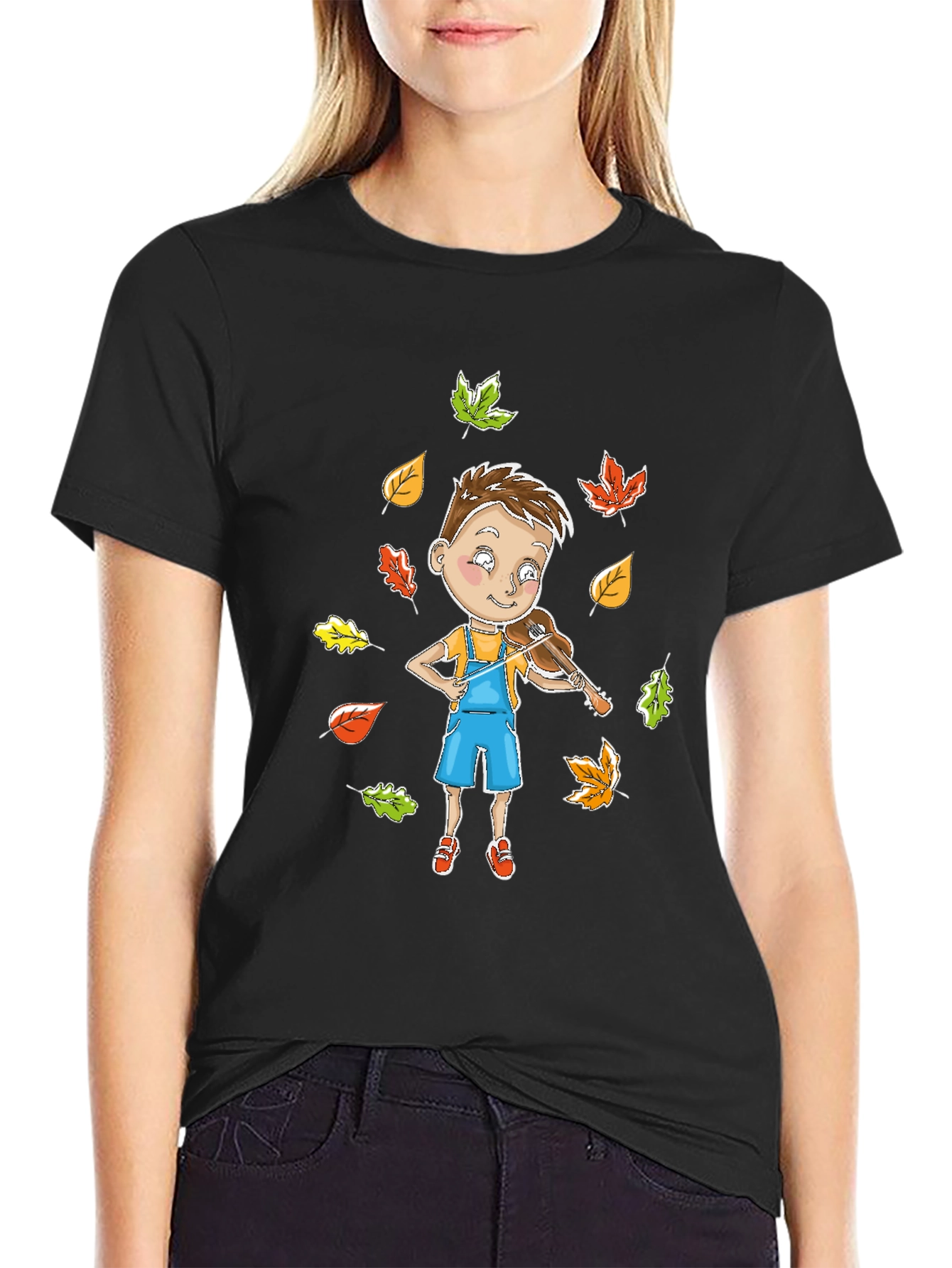 Boy Playing Violin in Autumn Leaves T-Shirt