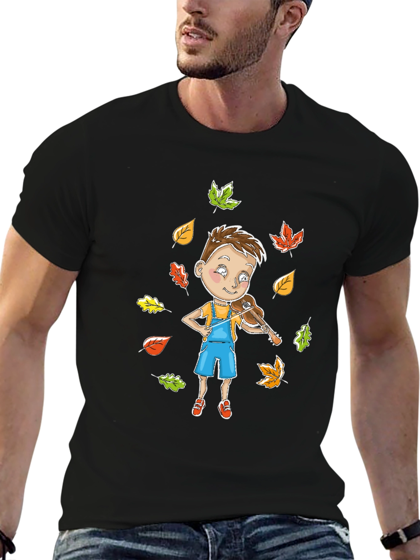 Boy Playing Violin in Autumn Leaves T-Shirt