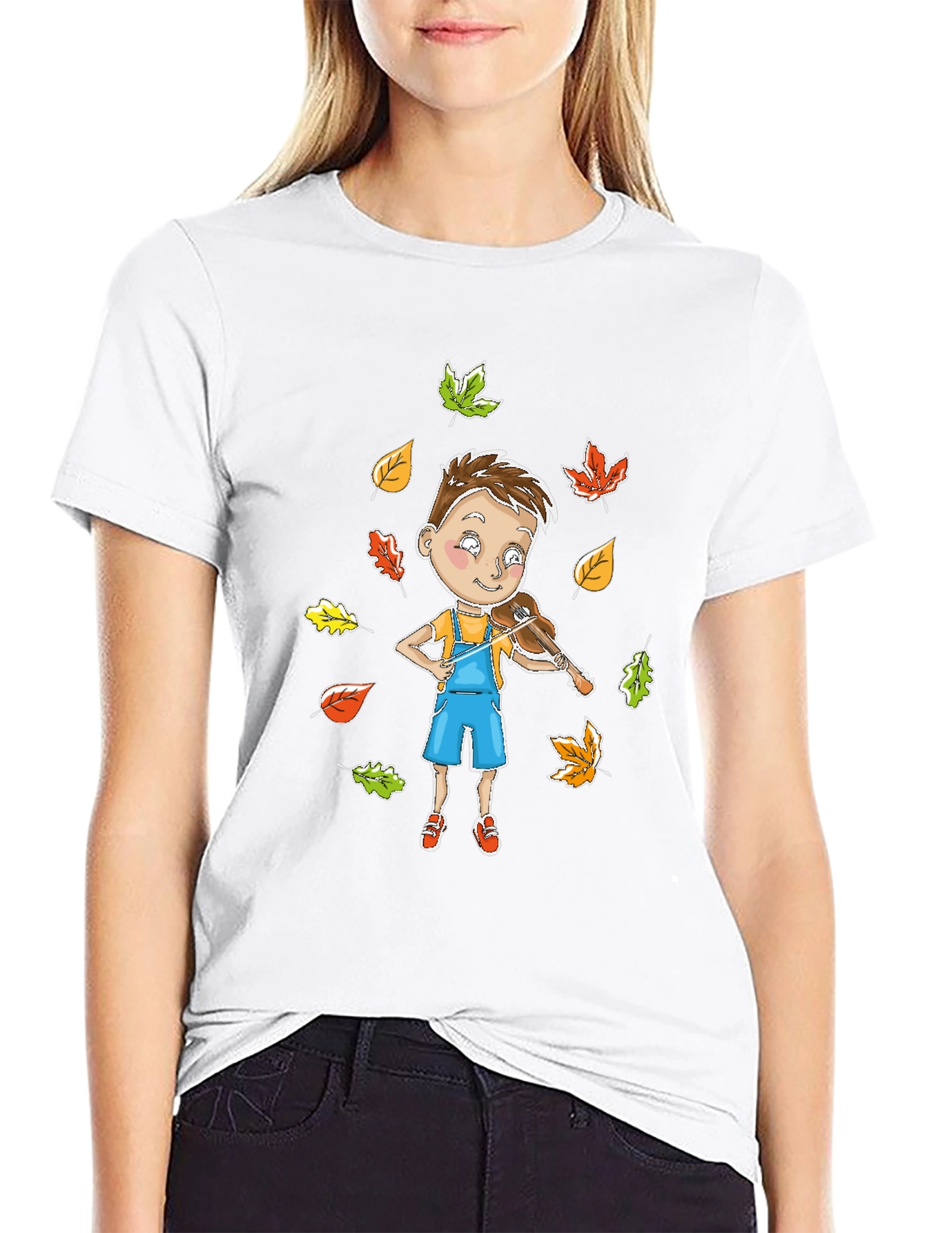 Boy Playing Violin in Autumn Leaves T-Shirt