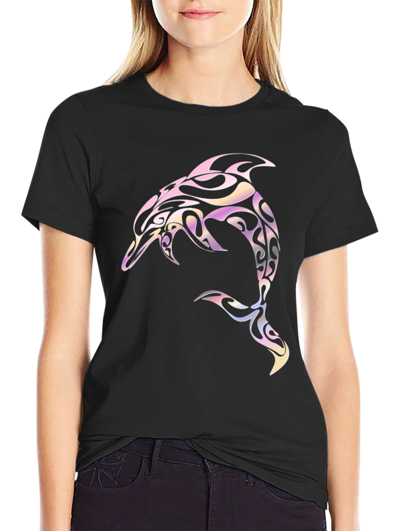 Tribal Dolphin Graphic Tee - Black Cotton Blend