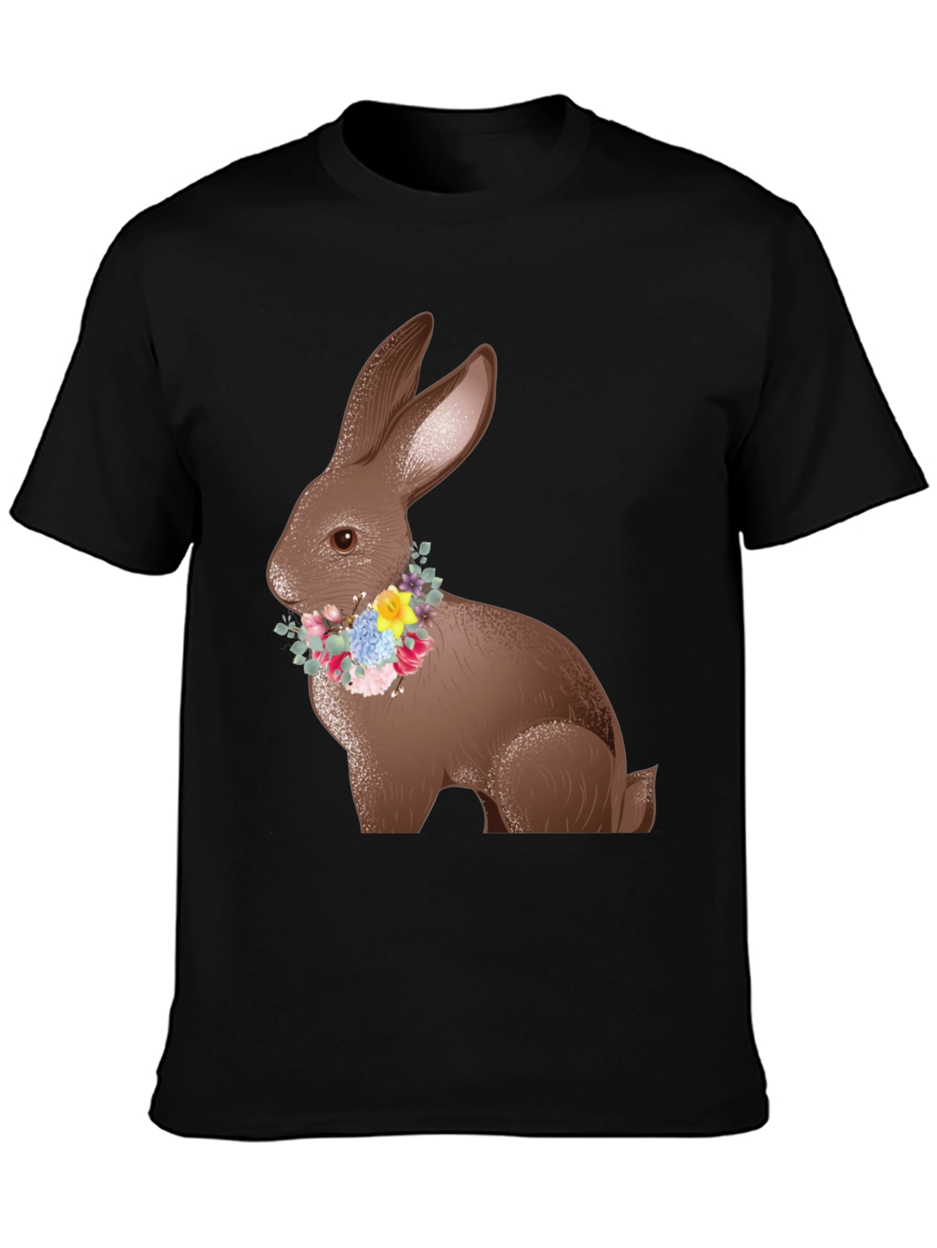Easter Bunny Floral Wreath Black T-Shirt