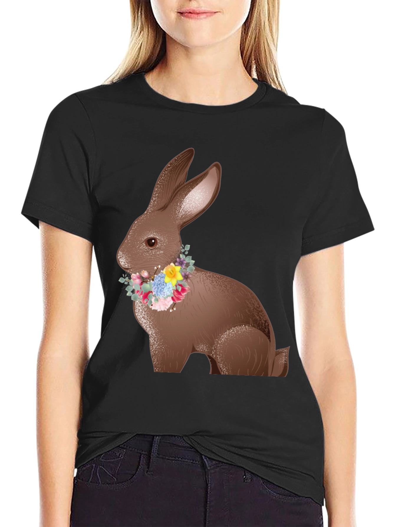Easter Bunny Floral Wreath Black T-Shirt