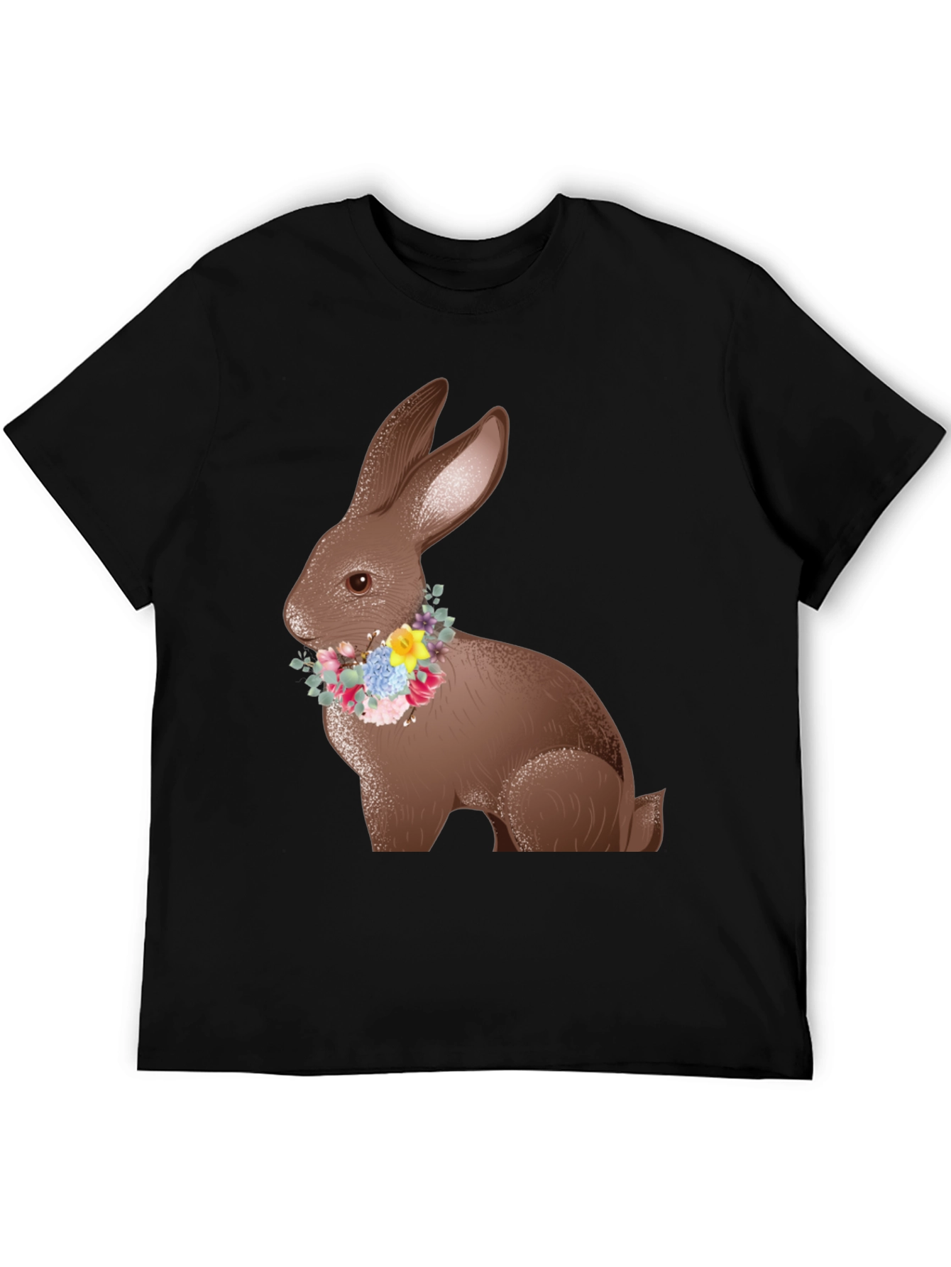 Easter Bunny Floral Wreath Black T-Shirt