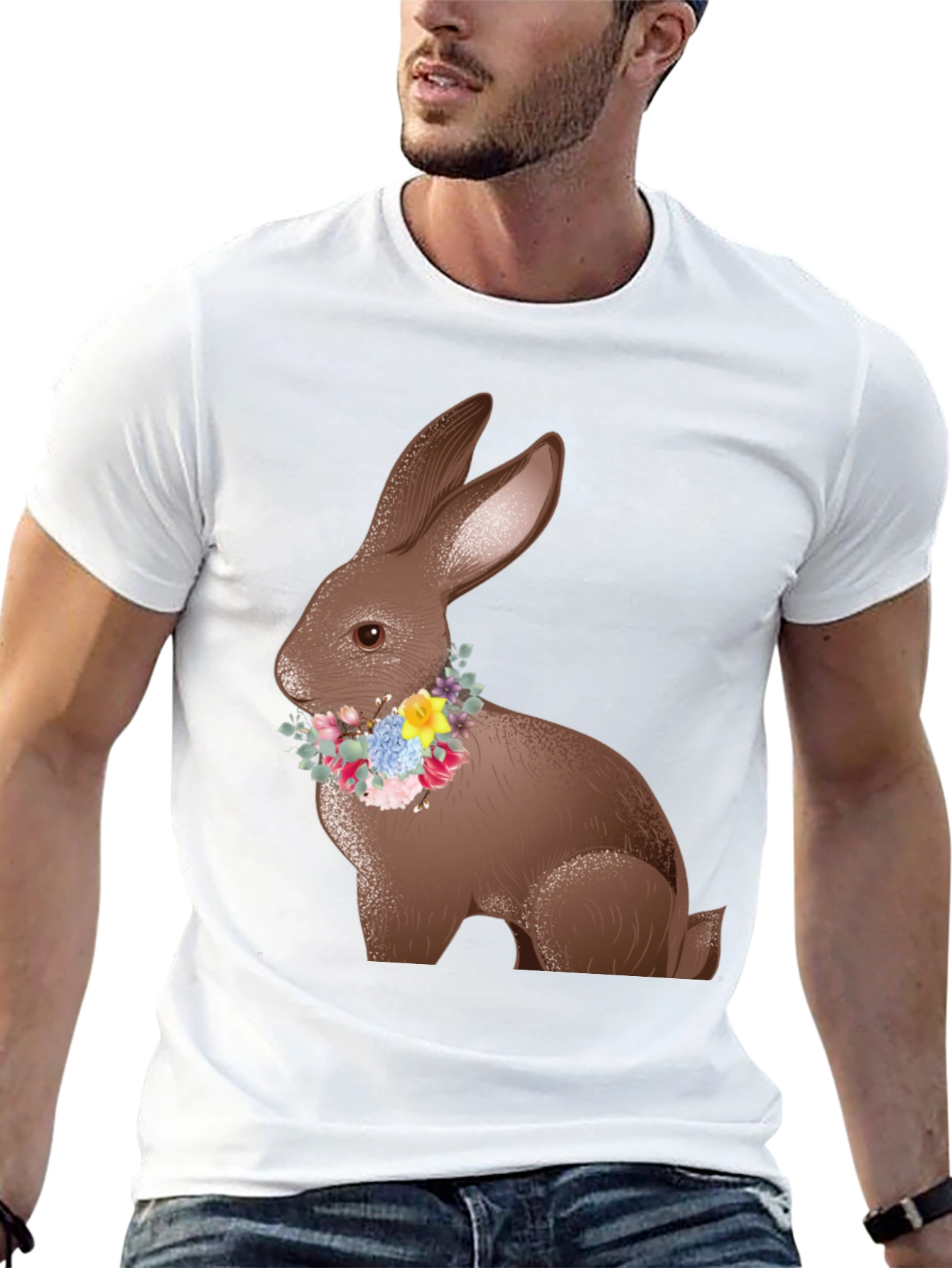 Easter Bunny Floral Wreath Black T-Shirt