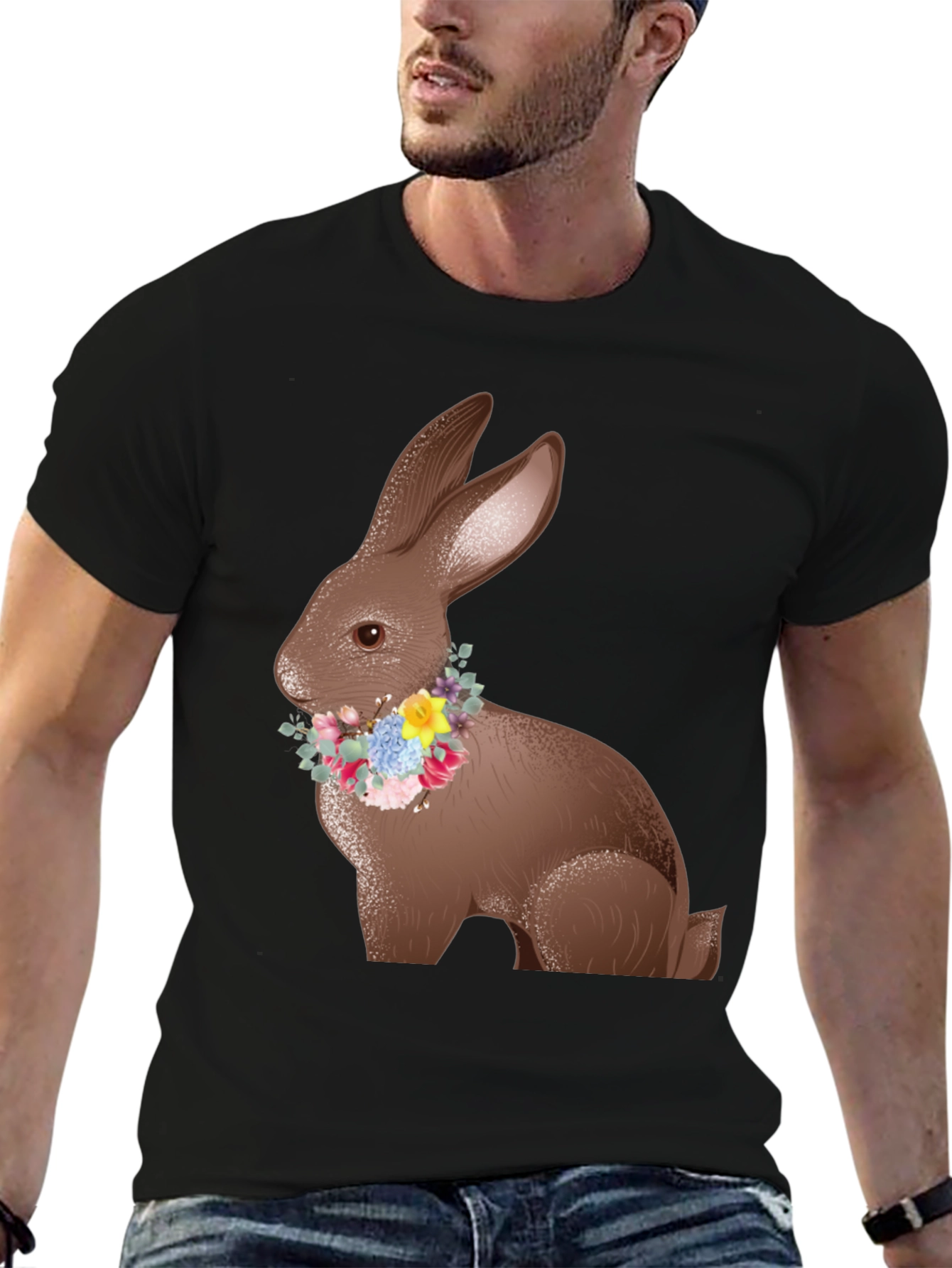 Easter Bunny Floral Wreath Black T-Shirt