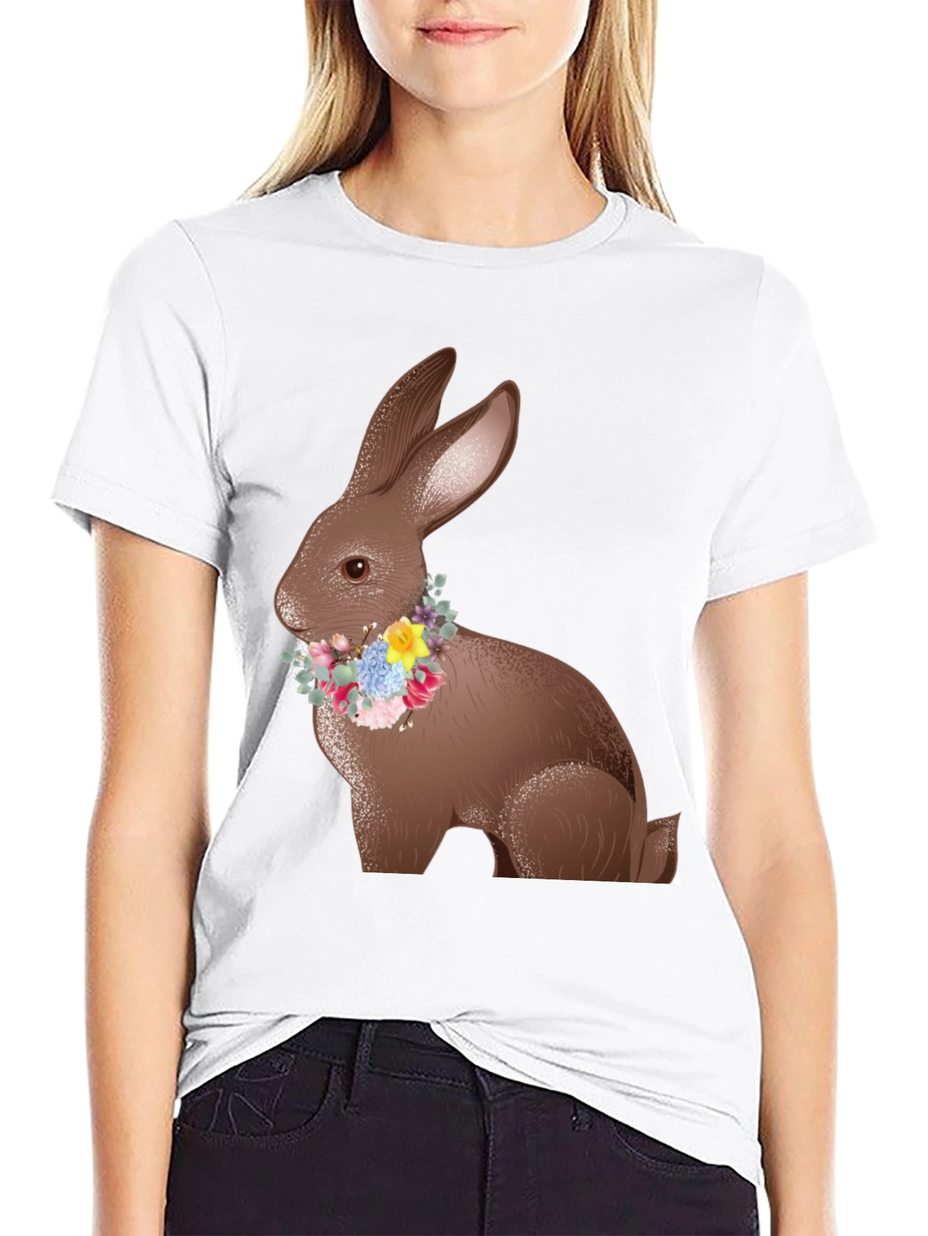 Easter Bunny Floral Wreath Black T-Shirt