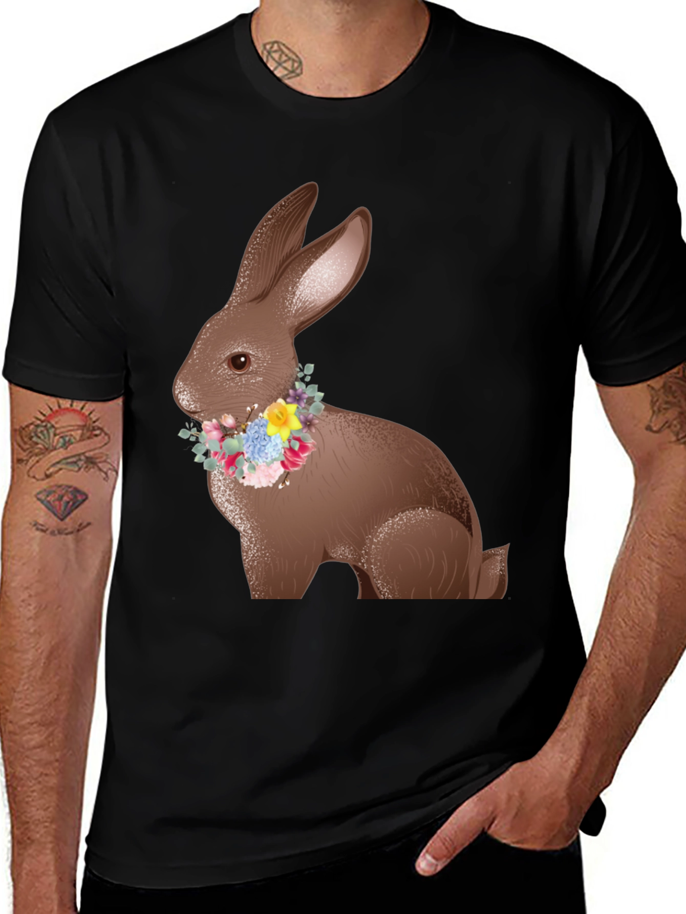 Easter Bunny Floral Wreath Black T-Shirt