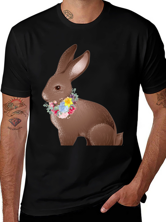 Easter Bunny Floral Wreath Black T-Shirt
