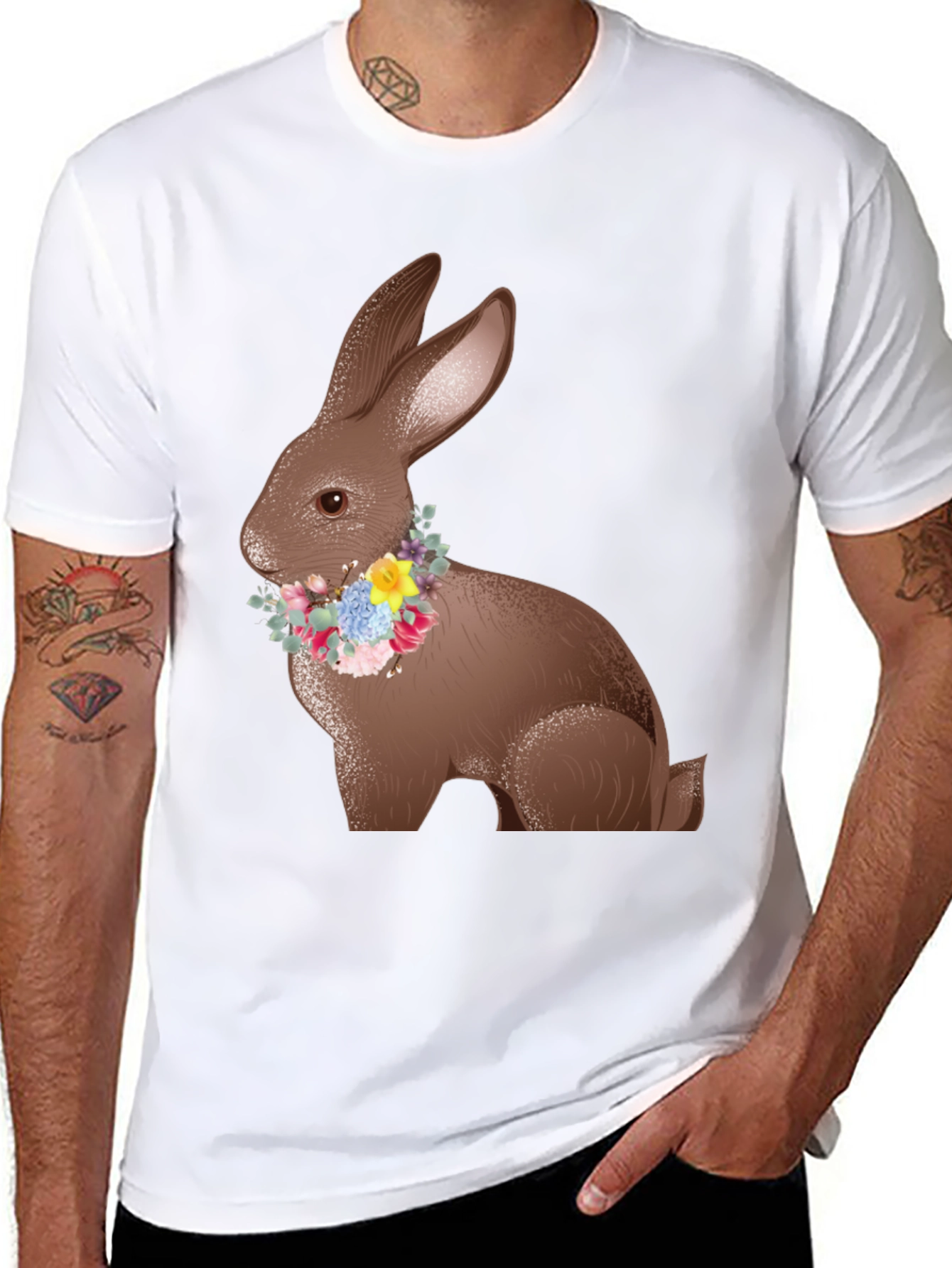 Easter Bunny Floral Wreath Black T-Shirt