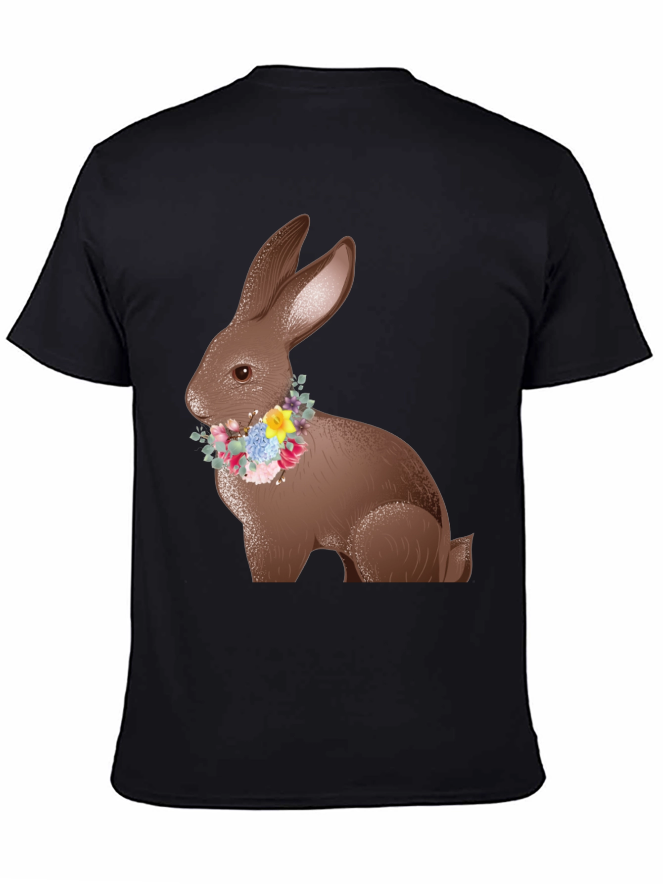 Easter Bunny Floral Wreath Black T-Shirt