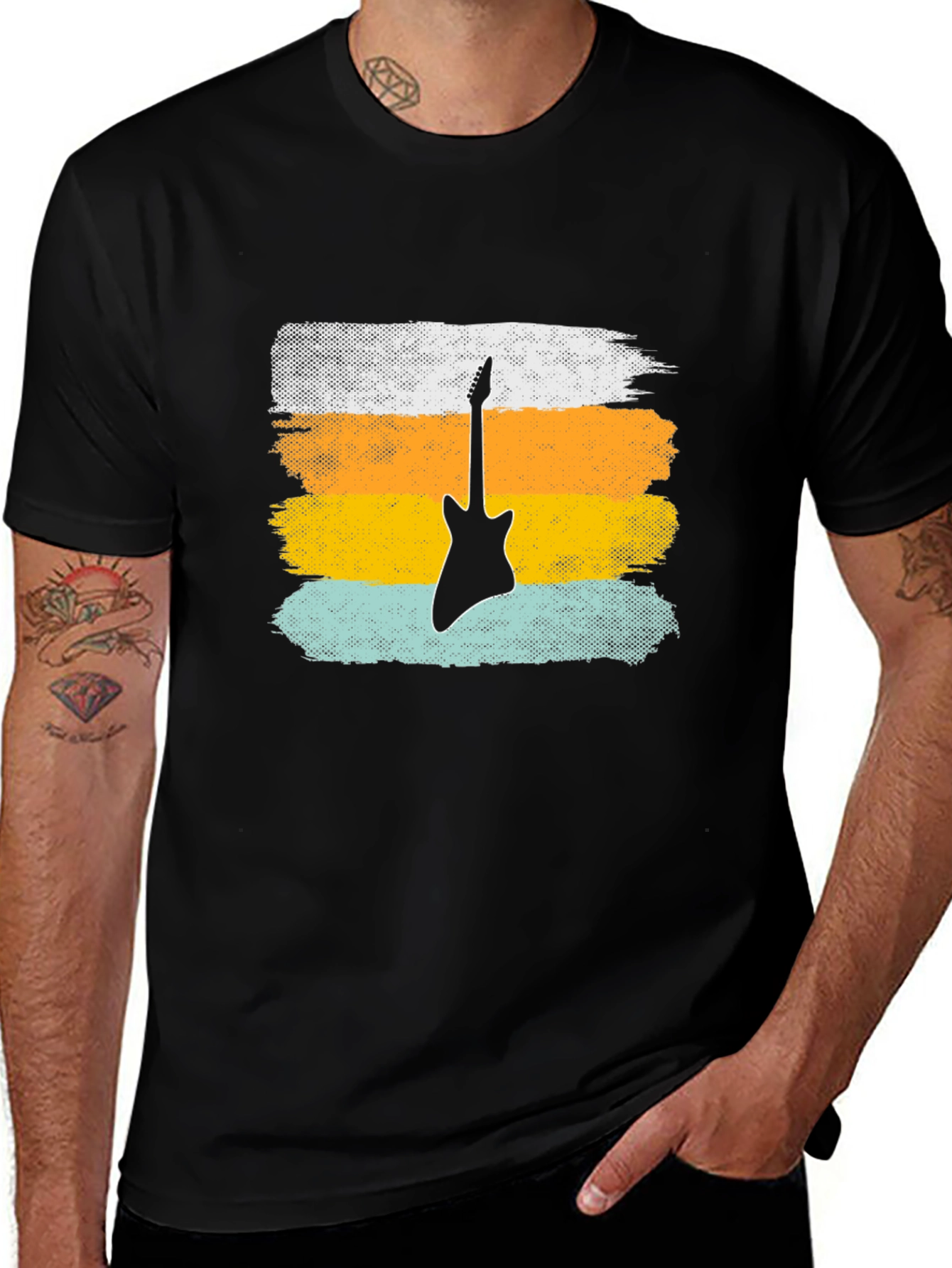Retro Guitar Graphic Tee - Black Cotton T-Shirt
