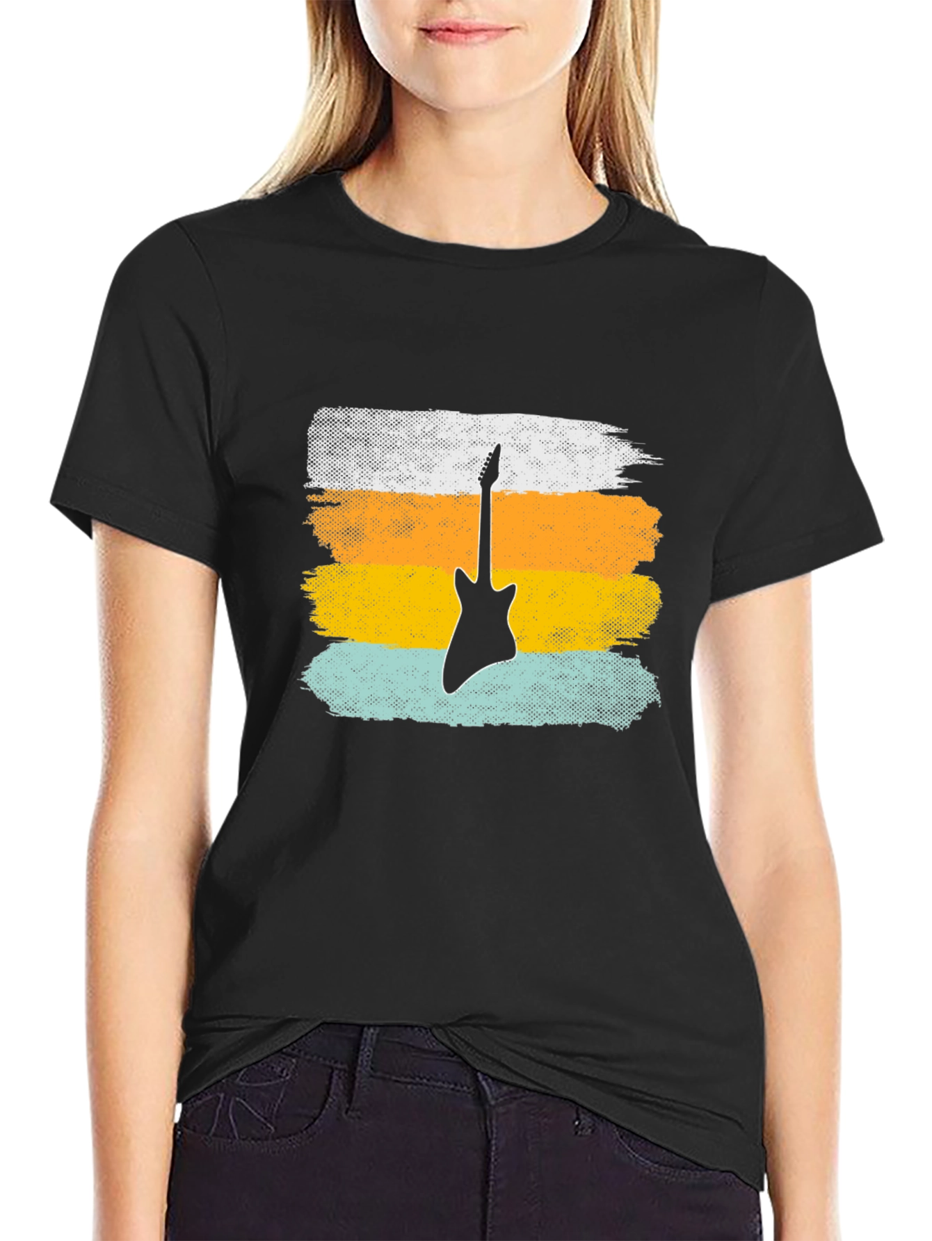 Retro Guitar Graphic Tee - Black Cotton T-Shirt