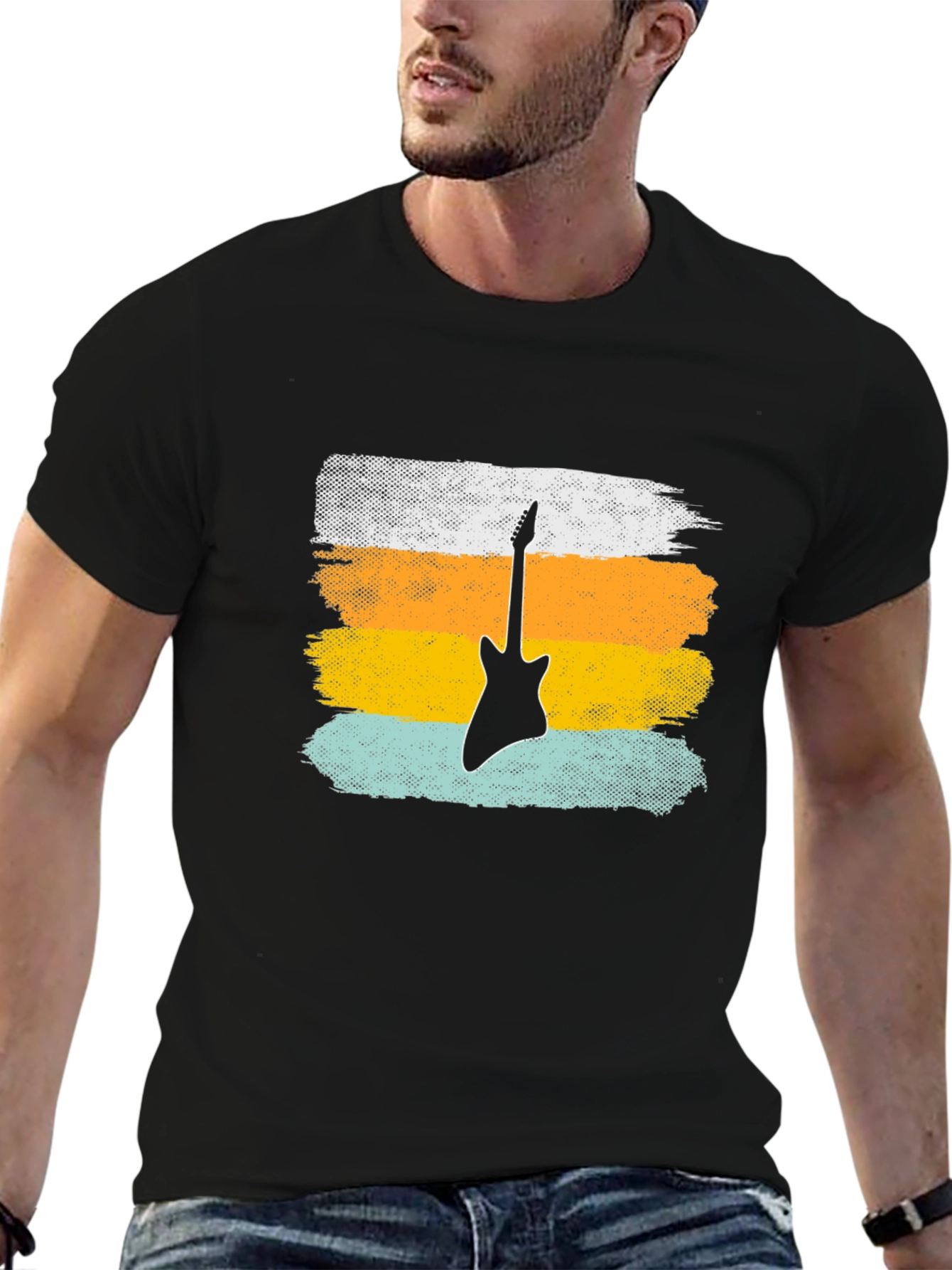 Retro Guitar Graphic Tee - Black Cotton T-Shirt