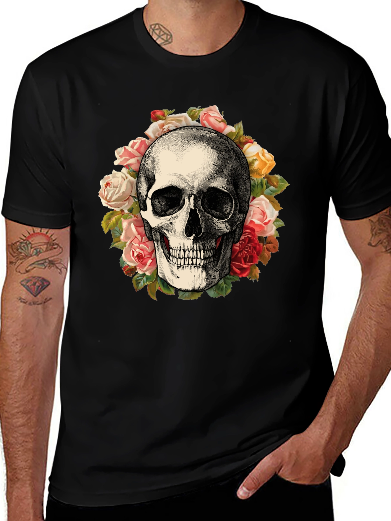 Skull & Roses Graphic Print Black T-Shirt