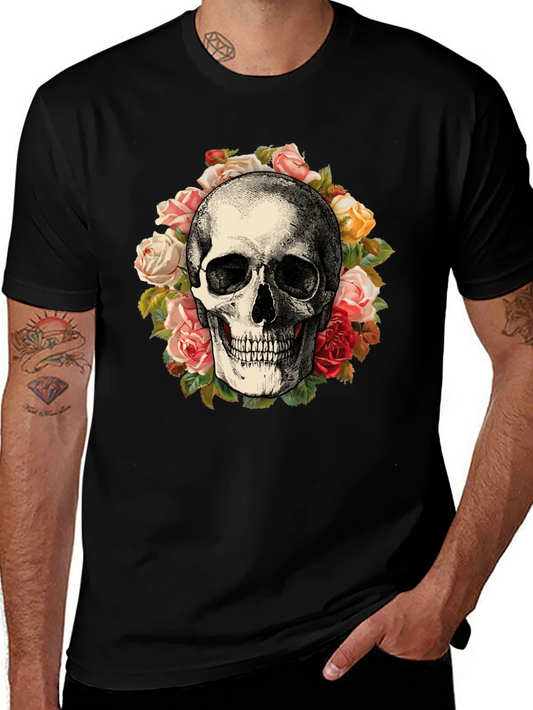 Skull & Roses Graphic Print Black T-Shirt