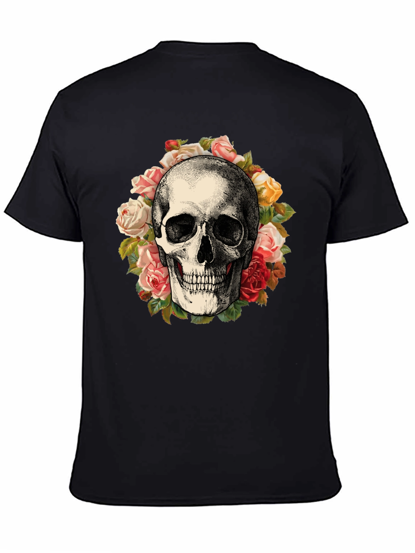 Skull & Roses Graphic Print Black T-Shirt