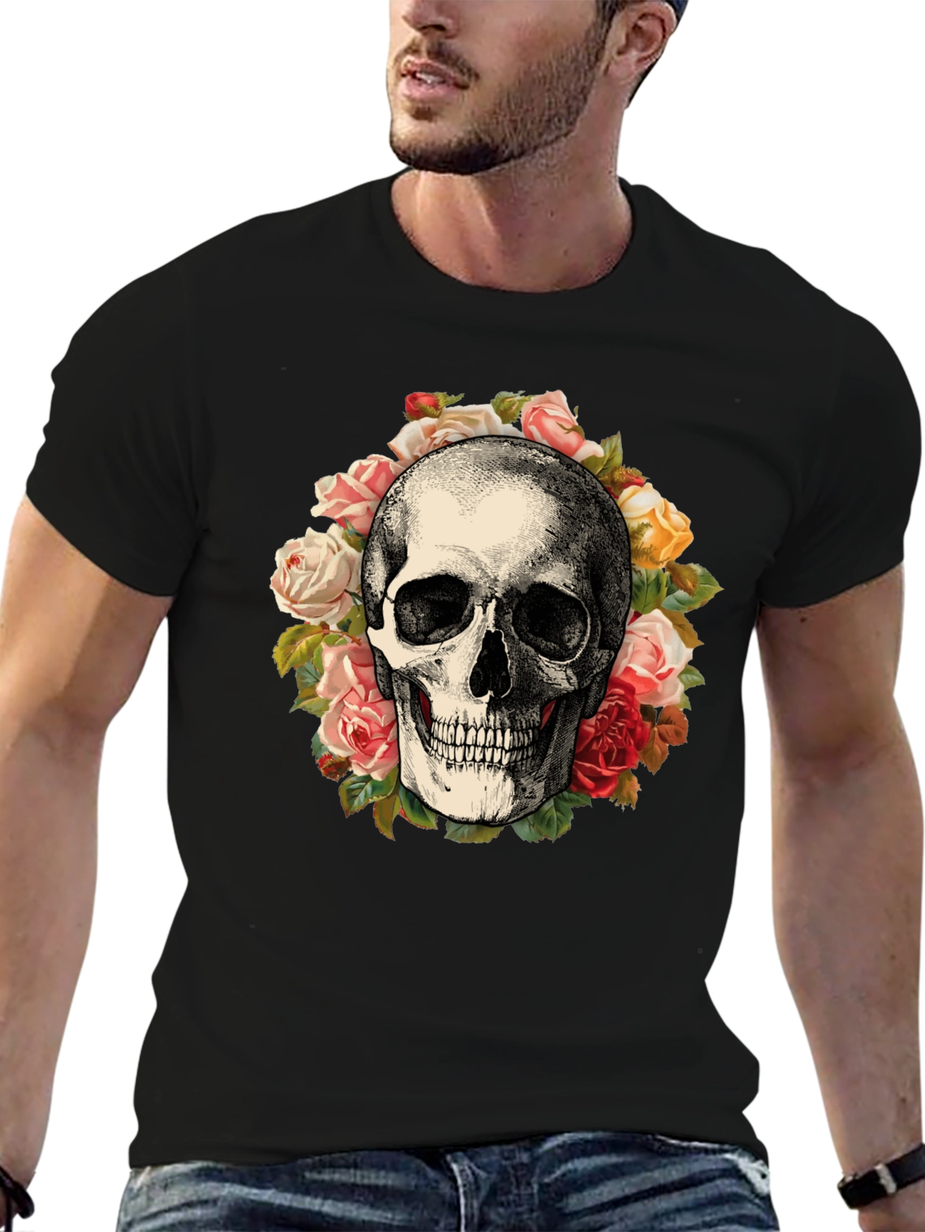Skull & Roses Graphic Print Black T-Shirt