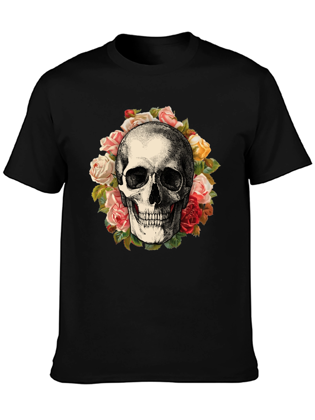 Skull & Roses Graphic Print Black T-Shirt