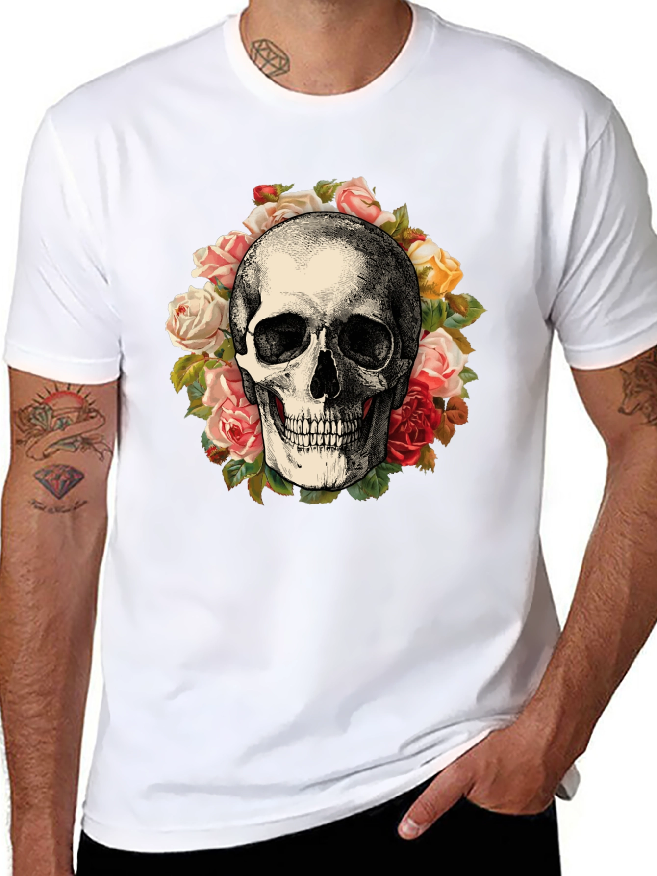 Skull & Roses Graphic Print Black T-Shirt