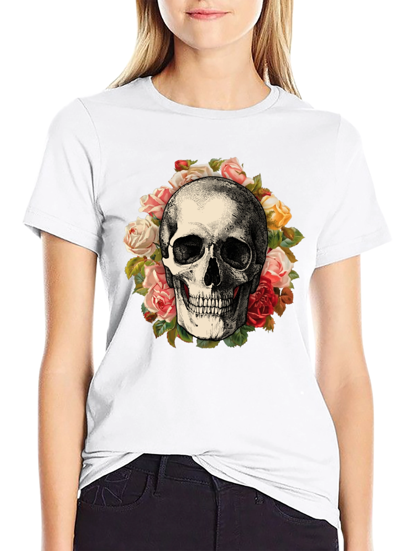 Skull & Roses Graphic Print Black T-Shirt