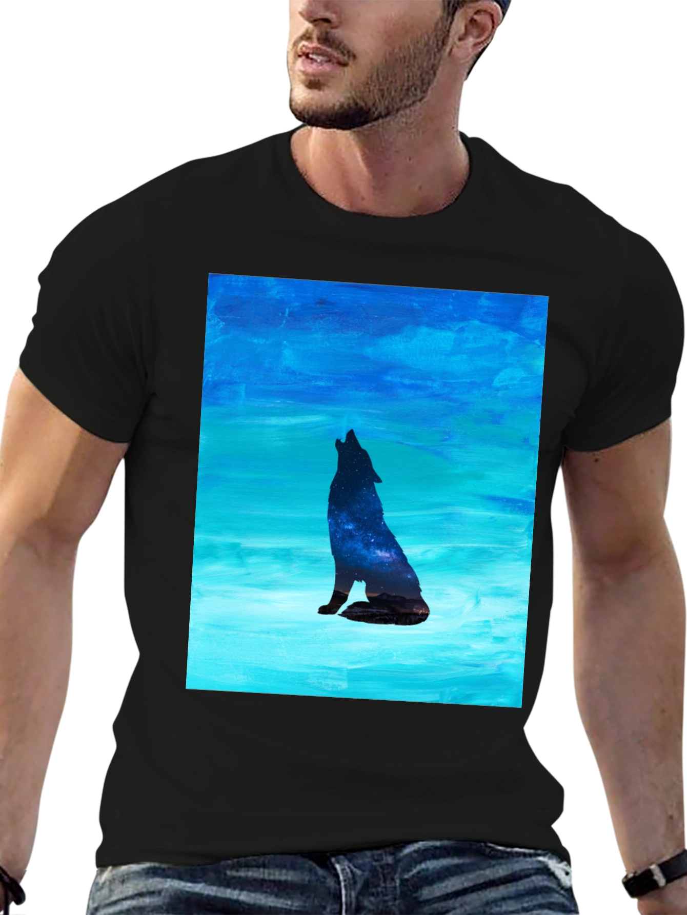 Howling Wolf Galaxy Print Black T-Shirt