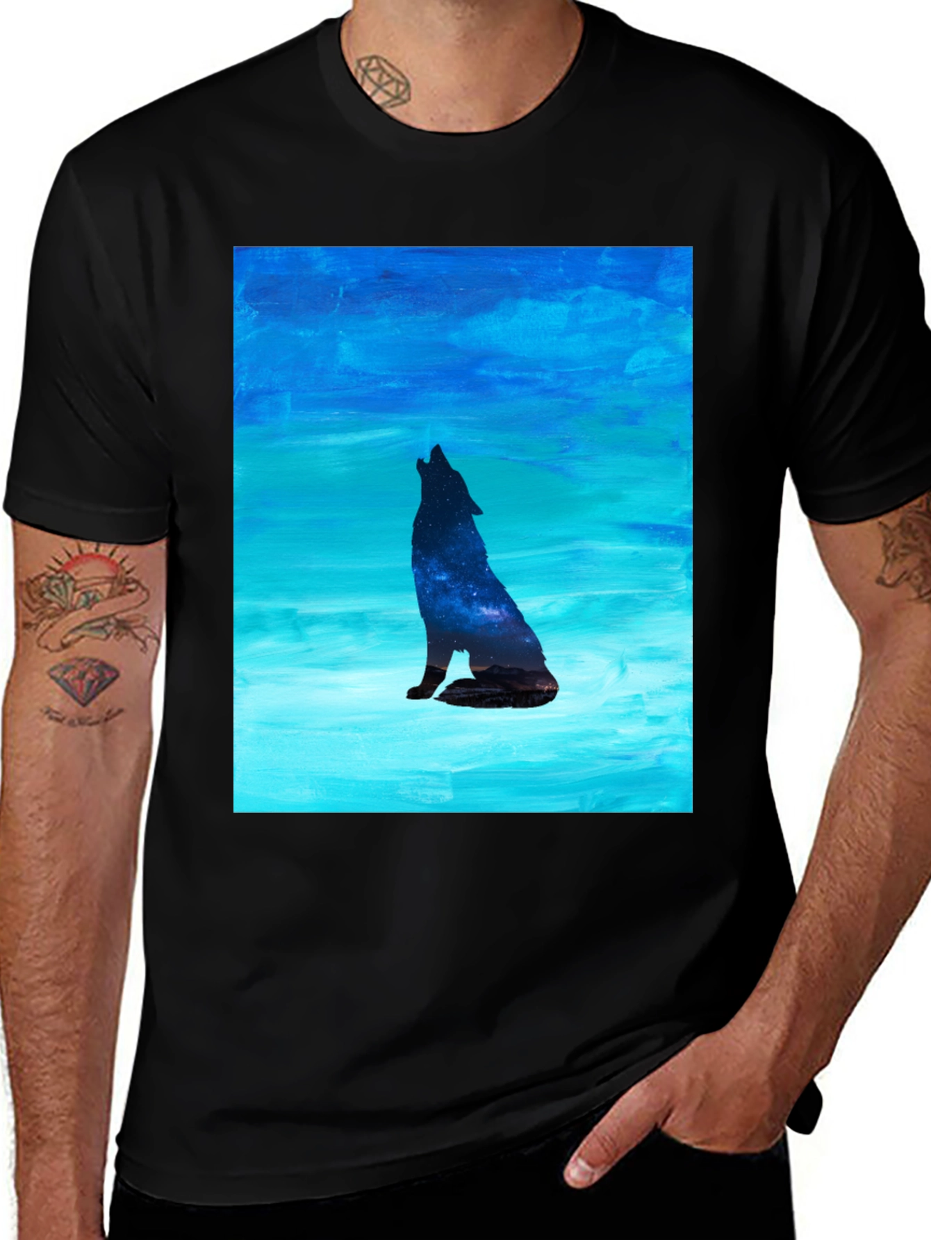 Howling Wolf Galaxy Print Black T-Shirt