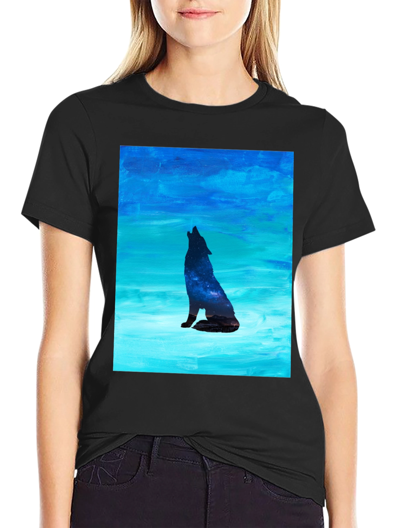 Howling Wolf Galaxy Print Black T-Shirt